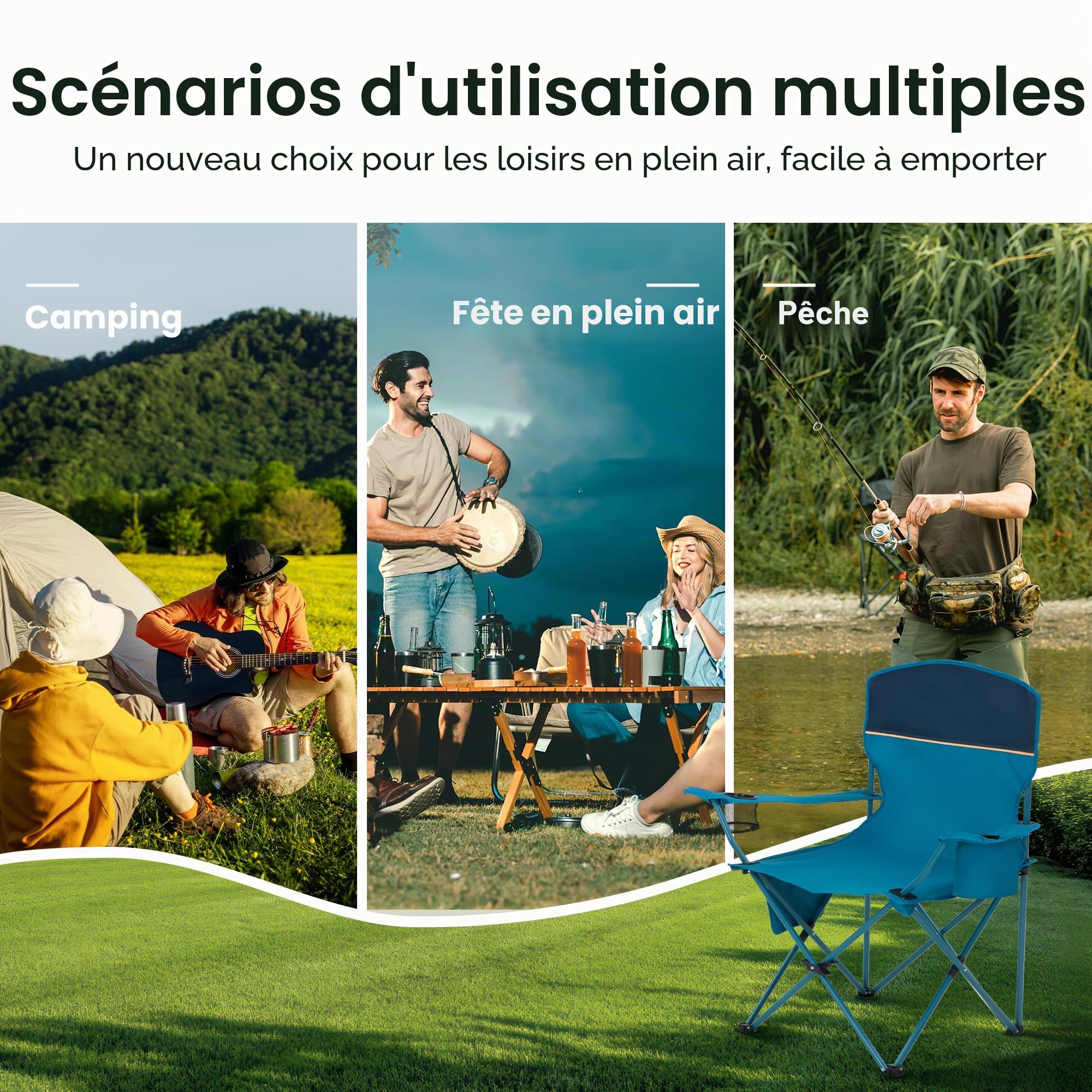 HIGH POINT SPORTS Lot de 2 Chaises de Camping Pliables Jusqu'à 102 kg Chaise Pliante Exterieur Fauteuil Camping Interieur avec Porte-Gobelets et Accoudoirs (2pcs Bleu)