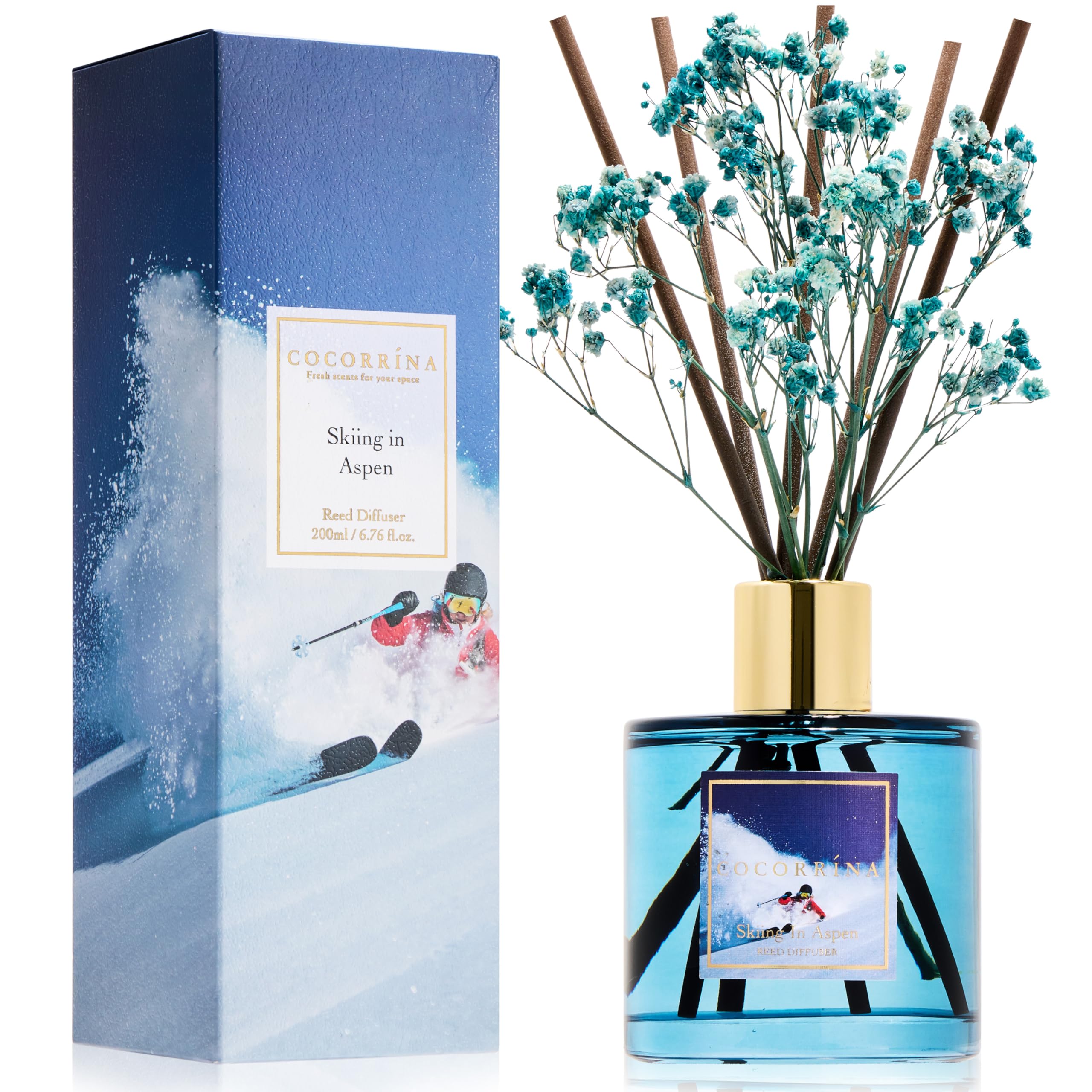 COCORRÍNA Reed Diffuser - Skiing in Aspen Reed Diffuser Set with 8 Sticks &amp; Preserved Baby's Breath, Reed Diffuser for Home Bathroom Shelf Decor