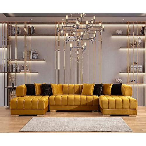 Sectional Sofa, Double Chaise Oversized U Shaped Couch, Ariana 7 Seater Velvet Sofa for Living Room (Mustard)
