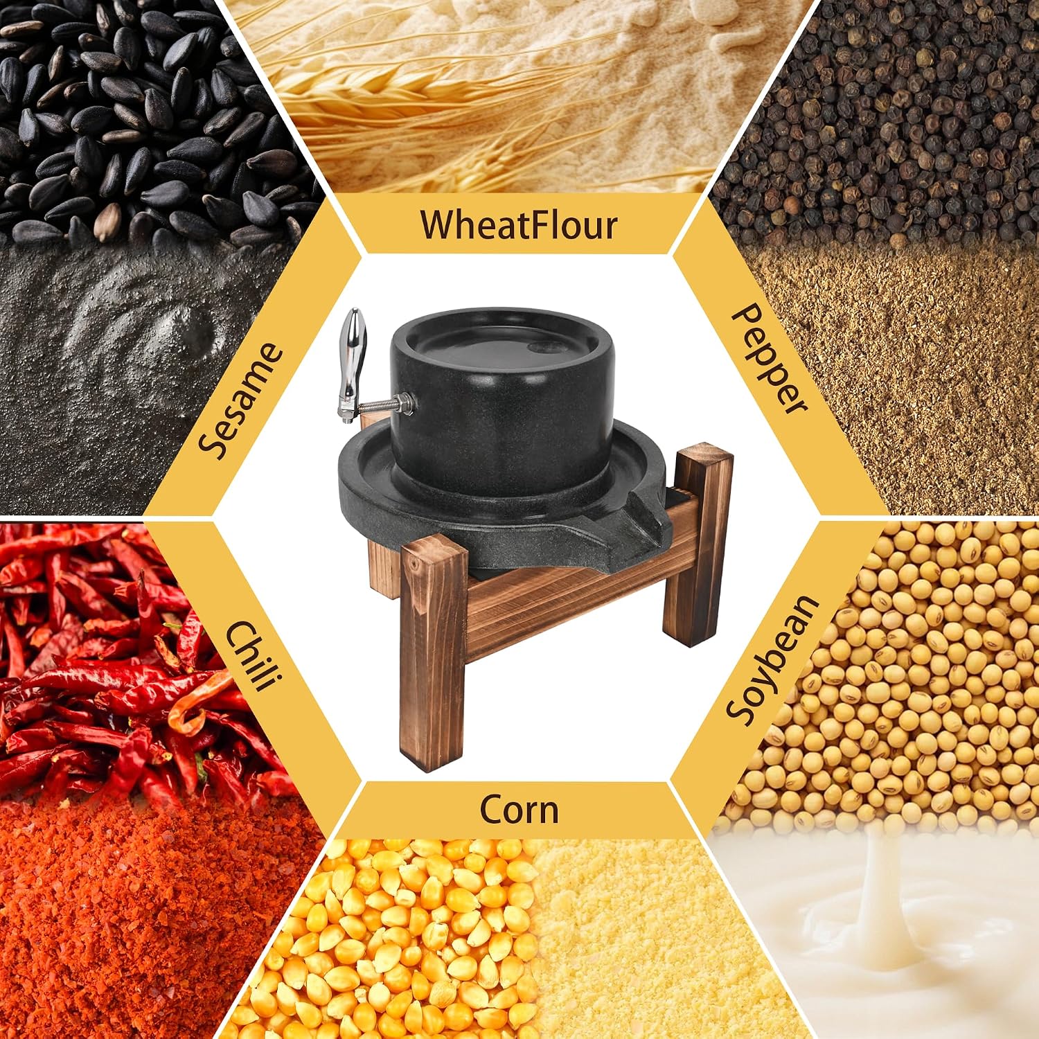 Stone Grain Mill Hand Grinder for Flour, Manual Granite Stone Mill with Stainless Steel Handle, Traditional Countertop Disc Grinder for Dry & Wet Use, Seeds, Nuts, Corn, Soybeans (7.8 x 11.8 in)