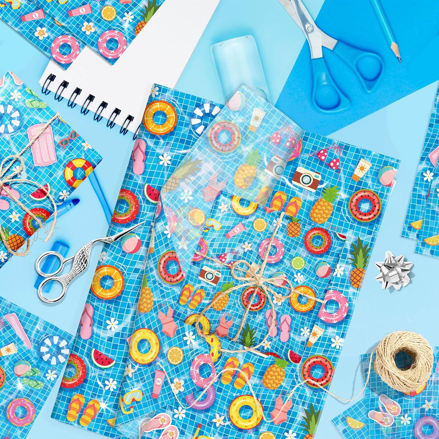 100 Sheets Swimming Pool Tissue Paper Swimming Circle Fruit Slippers Pattern Wrapping Tissue DIY Arts Crafts Decorative Paper for Summer Beach Pool Party Hawaiian Gifts Supplies