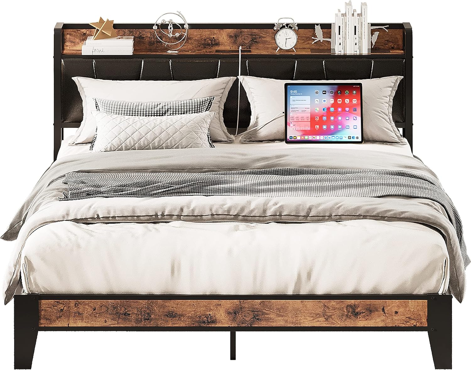 LIKIMIO Full Size Bed Frame, Storage Headboard with
