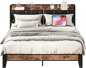 LIKIMIO Full Size Bed Frame, Storage Headboard with Charging Station, Solid and Stable, Noise Free, No Box Spring Needed, Easy Assembly (Vintage and Black)