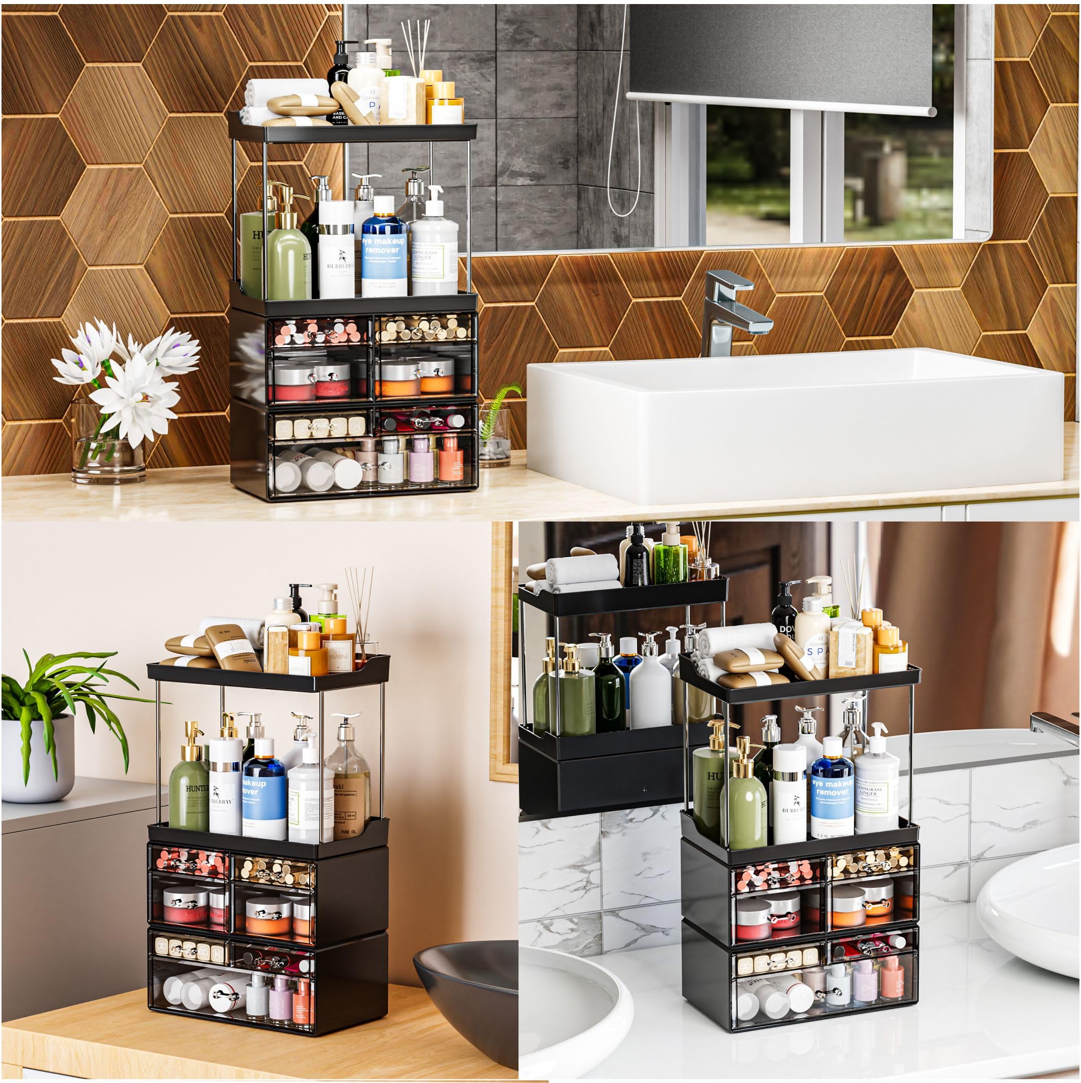 3 Pack Bathroom Organizers and Storage Countertop With 7 Drawers,Stackable Vanity Drawer Organizer for Makeup,18.9