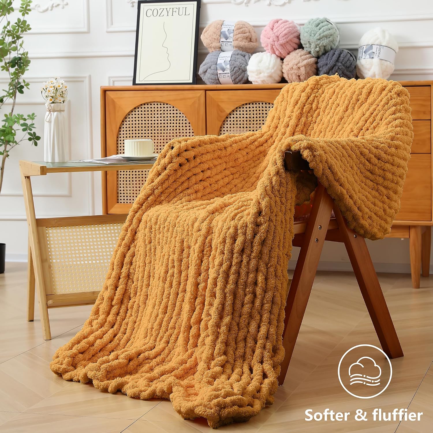 Cozyful Chunky Yarn for Hand Knitting - #10 Chunky Chenille Yarn, Jumbo Big Thick Chunky Yarns for Crocheting, Super Bulky Chunky Knit Blanket Yarns, 8 Skein (22 yds 8 oz Each Skein), Mustard Yellow thumbnail