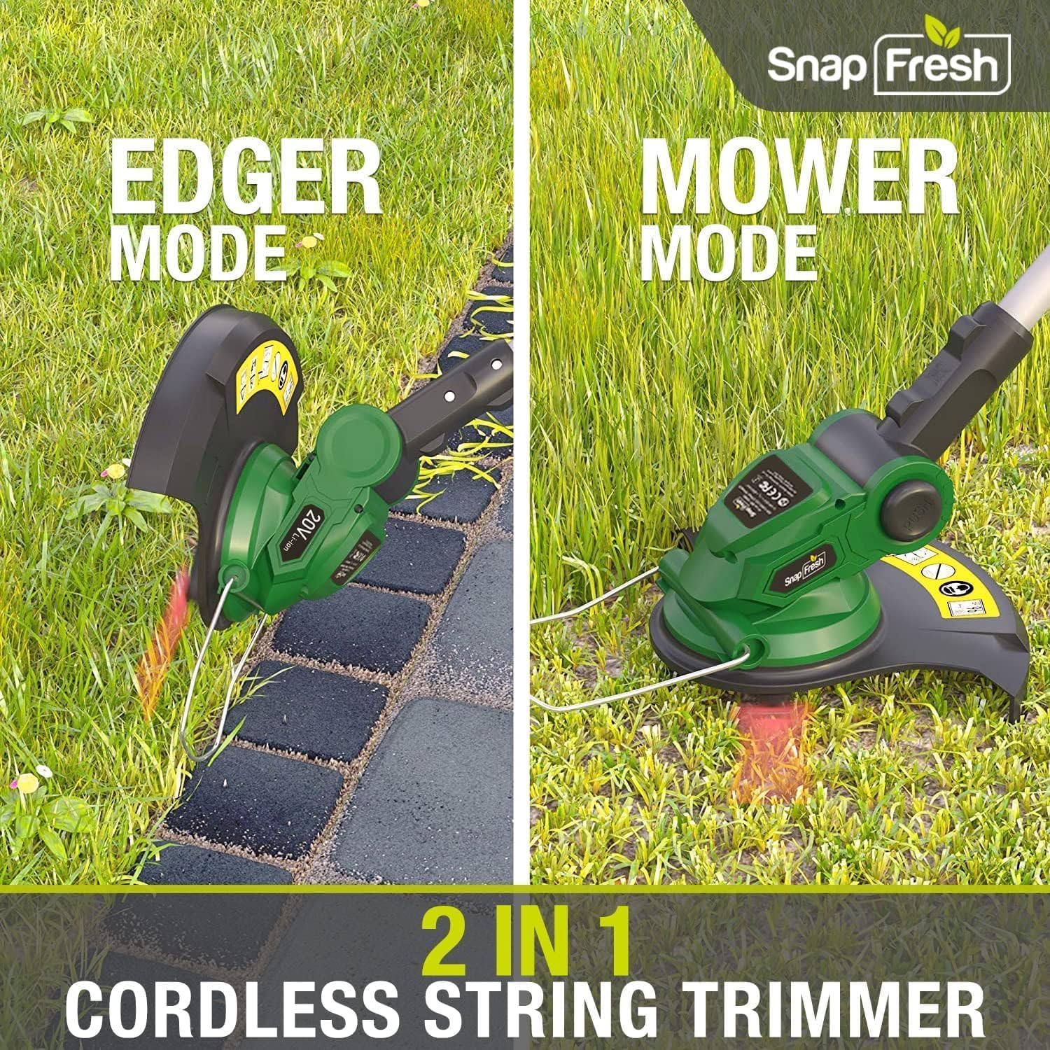 Image showing the SnapFresh weed eater in both trimmer and edger modes, highlighting its 2-in-1 functionality.