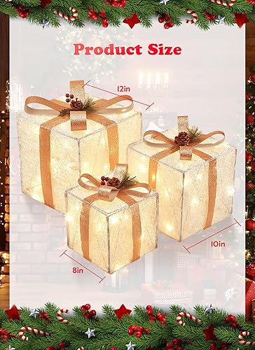 Miniatura 6 de 3 cajas de regalo iluminadas, decoraciones de Navidad, 12 pulgadas, 10 pulgadas, 8 pulgadas con 60 mini luces preencordadas, cajas de regalo