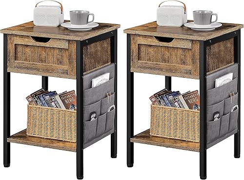 Topeakmart Juego de 2 mesitas de noche, mesitas de noche de madera con cajón y estante abierto, muebles de dormitorio con bolsa de tela extraíble,