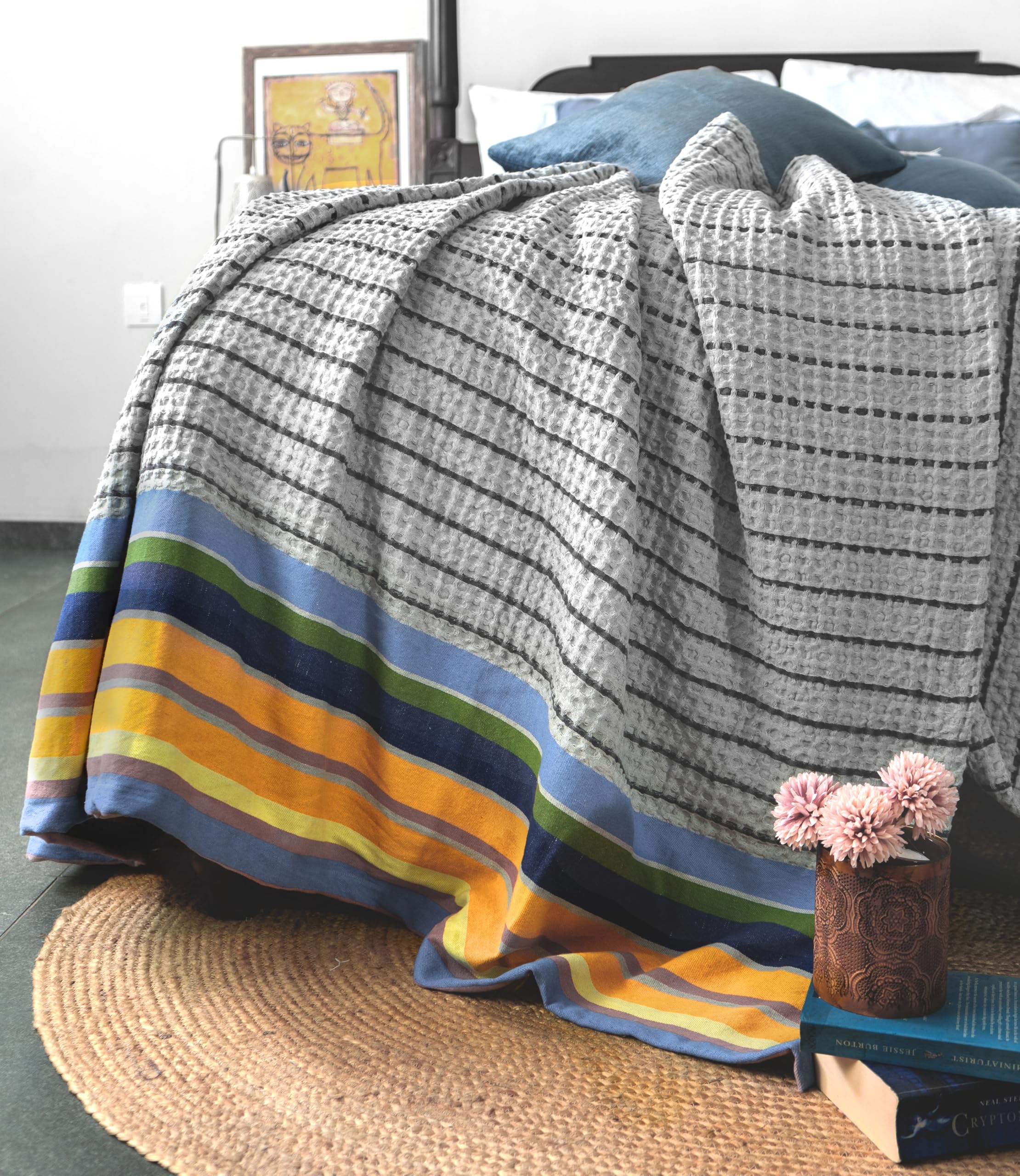 100% Cotton Waffle Weave Blanket, Soft & Breathable All Season Blanket for Bed, Lightweight & Skin-Friendly, Double/King Size (90 x 100 Inches), Grey, Ruh - 1 Piece-image-24