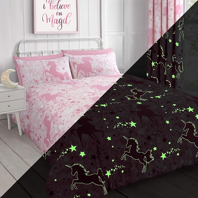 Velosso Unicorn Stars Magical Glow in the Dark Duvet Cover Bedding Set (Pink, Double)