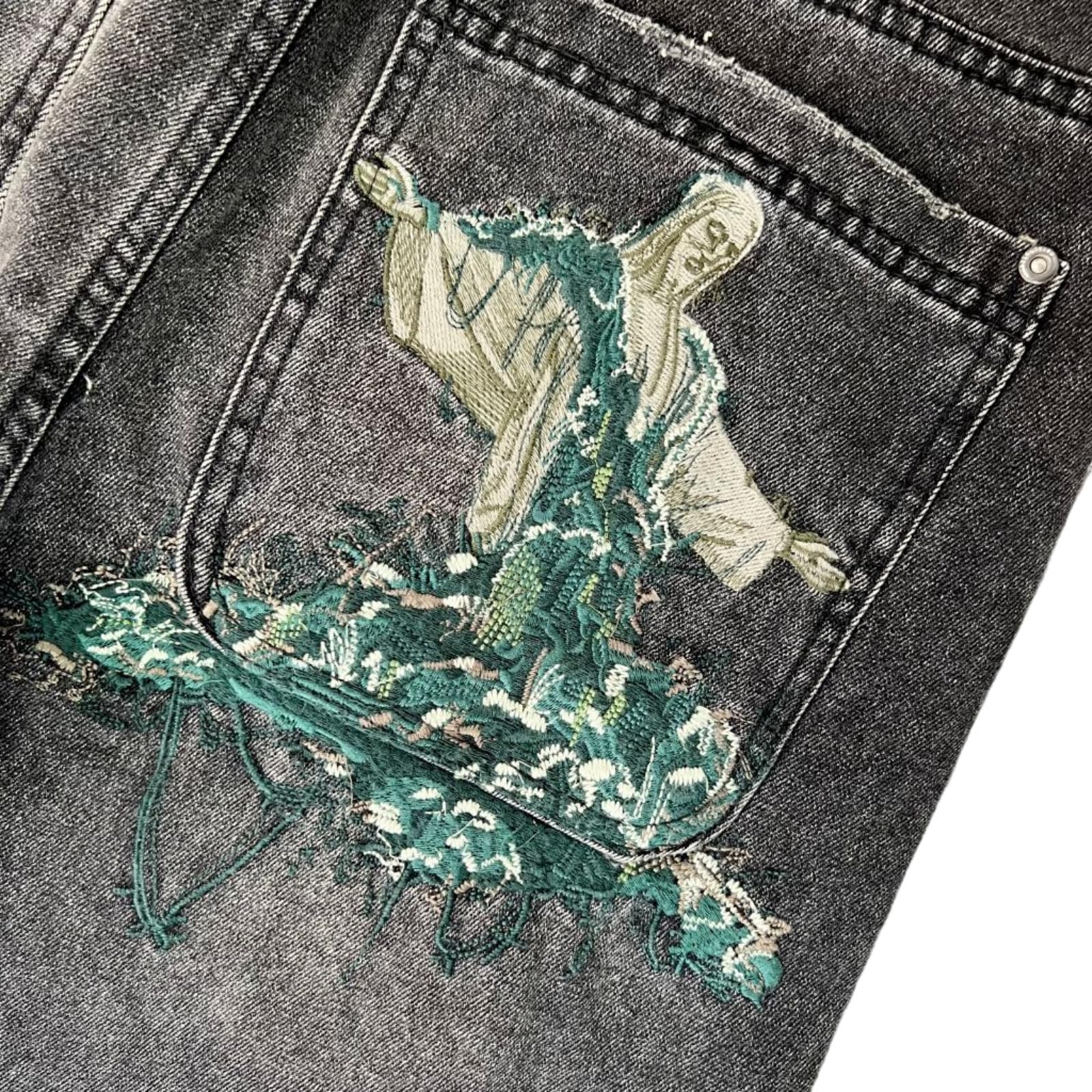 Générique Czarne dżinsy męskie, luźny krój, spranie vintage, spodnie dżinsowe z haftem na plecach, casualowe streetwear.