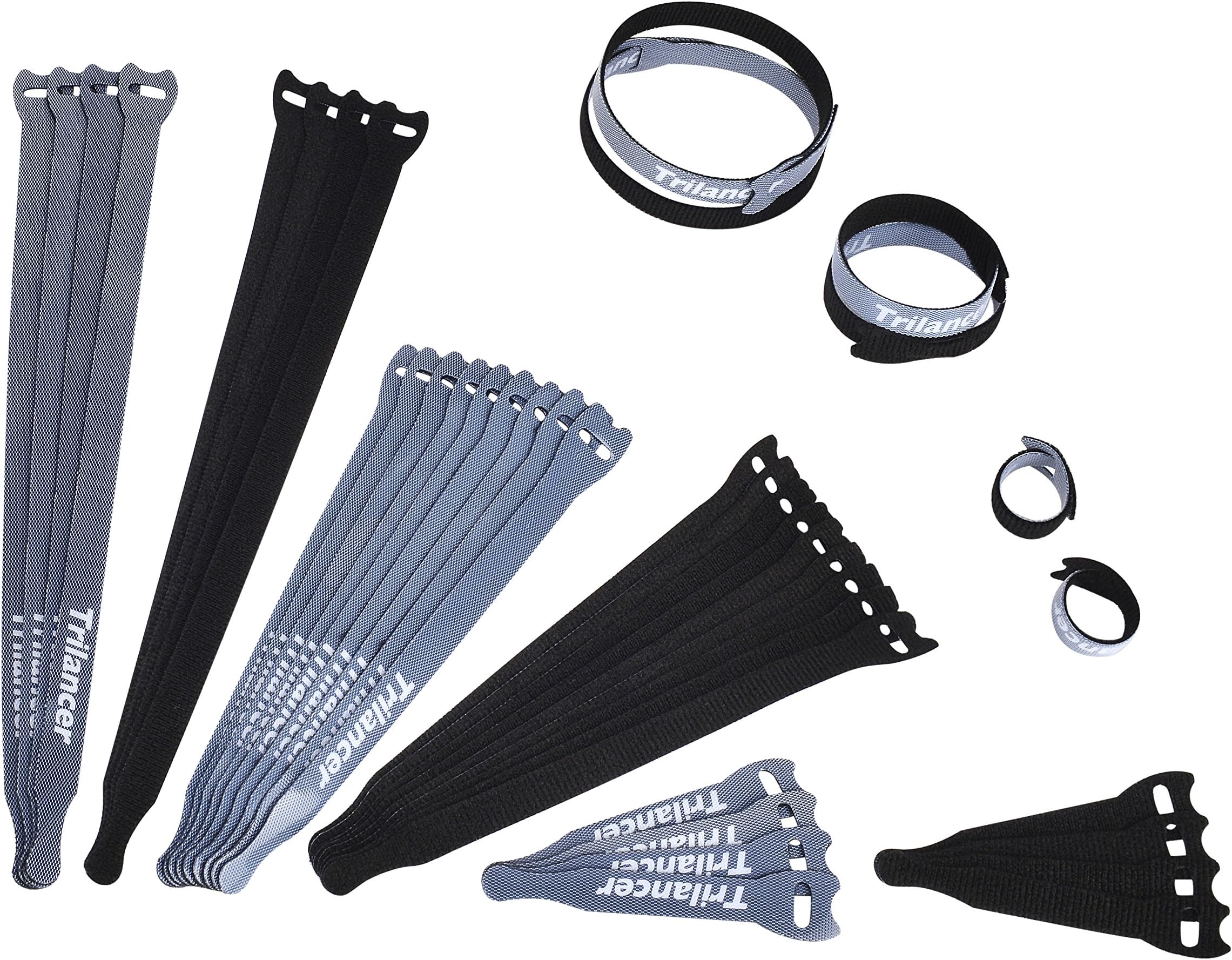 Reusable Cable Ties, Trilancer Cord Wraps, Adjustable Strap Fastener, Cable Organizer, Fastening Hook and Loop (3 Sizes/Black/40PCS)