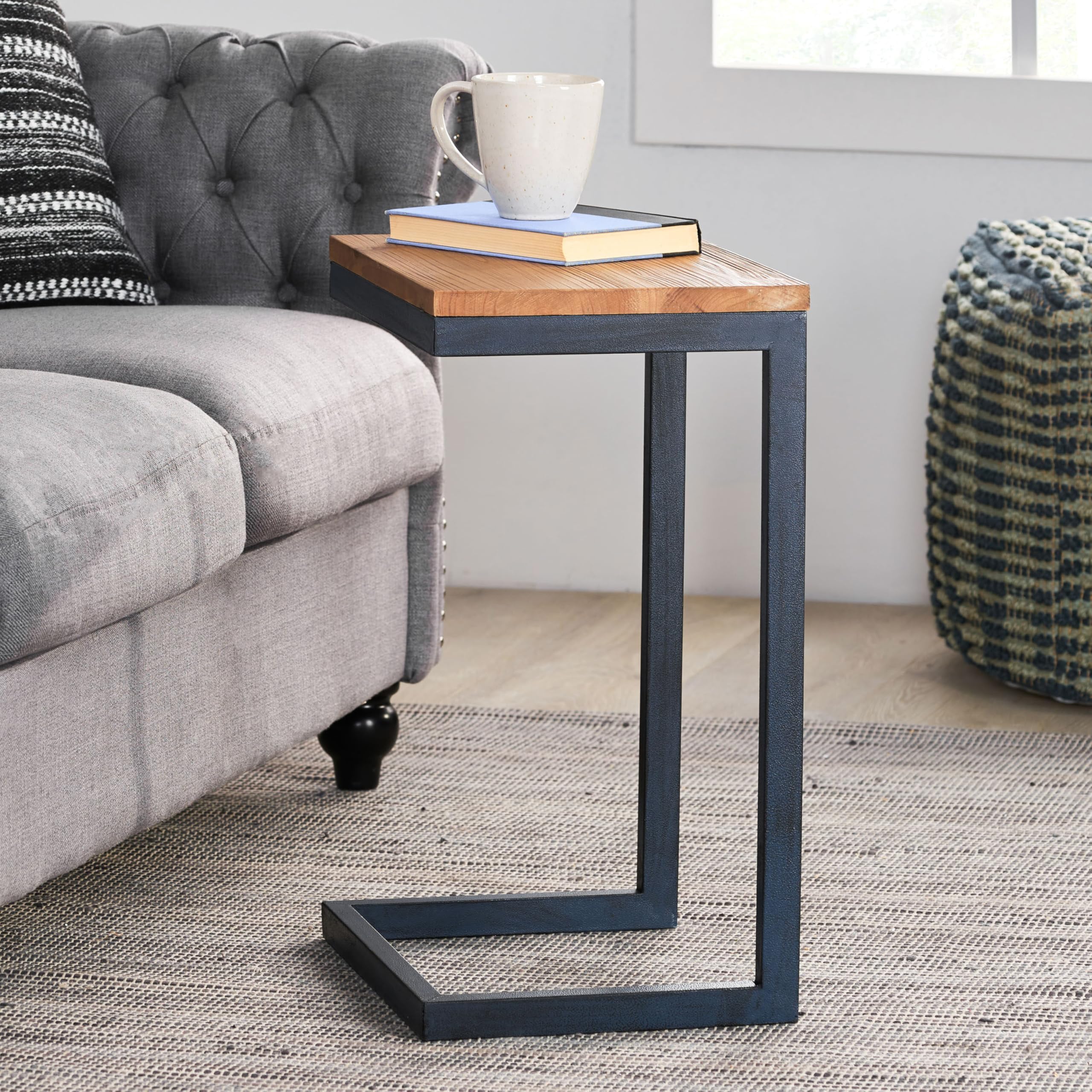 Small Space Accent Table: 15.5 Inch Wide Side Table for Apartments - Compact Fir Wood & Iron End Table - Bedside Sofa Table for Studio Living Room & Balcony