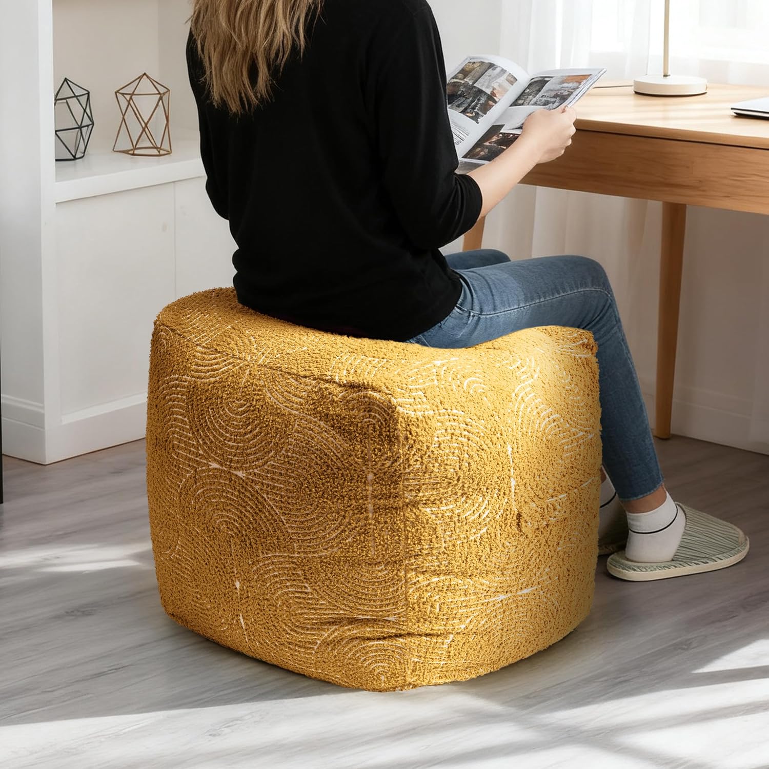 Unstuffed Boho Textured Pouf Cover, Organic Modern Mid Century Rainbow Tufted Storage Bean Bag Cubes, Farmhouse Square Ottoman Pouf Foot Rest Footstool, 18"x18"x18", Cover ONLY, Mustard Yellow