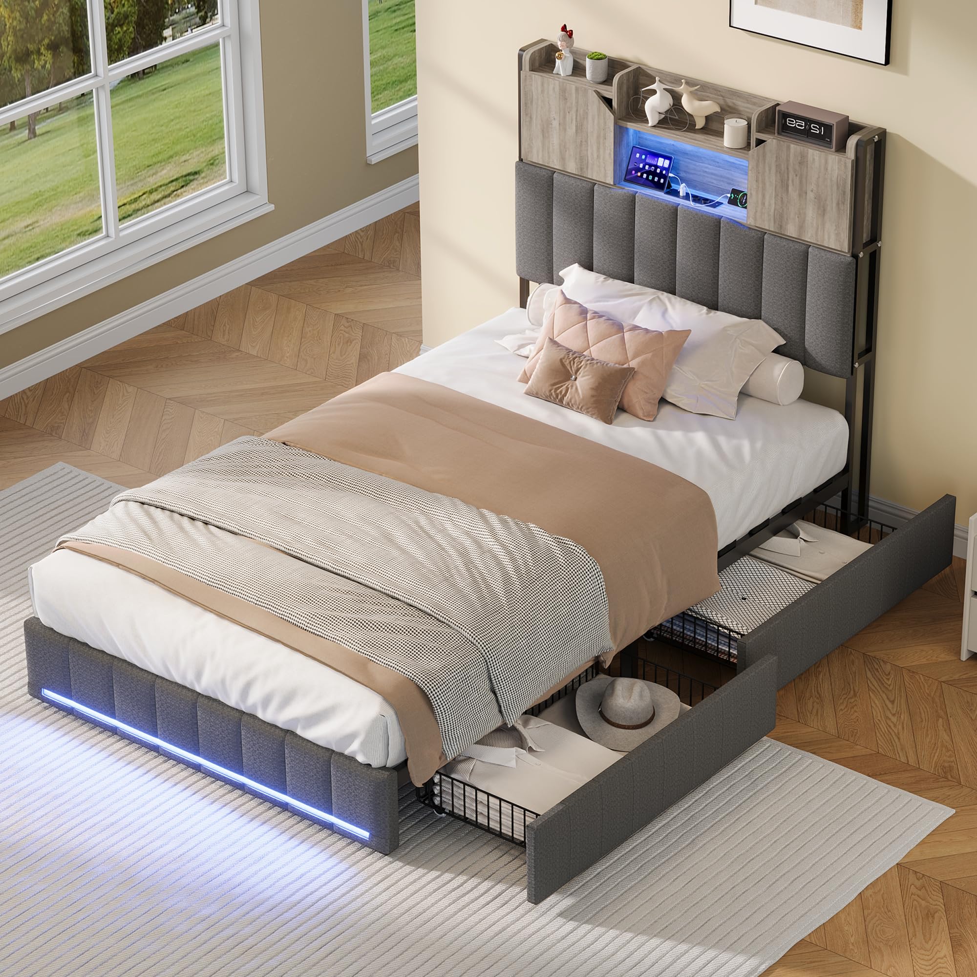 Letto Cassetto 90 x 200 con illuminazione a LED e USB, letto singolo 90 x 200 con 2 cassetti, letti imbottiti con testiera, letti singoli, rete a doghe, lino, grigio(senza materasso)