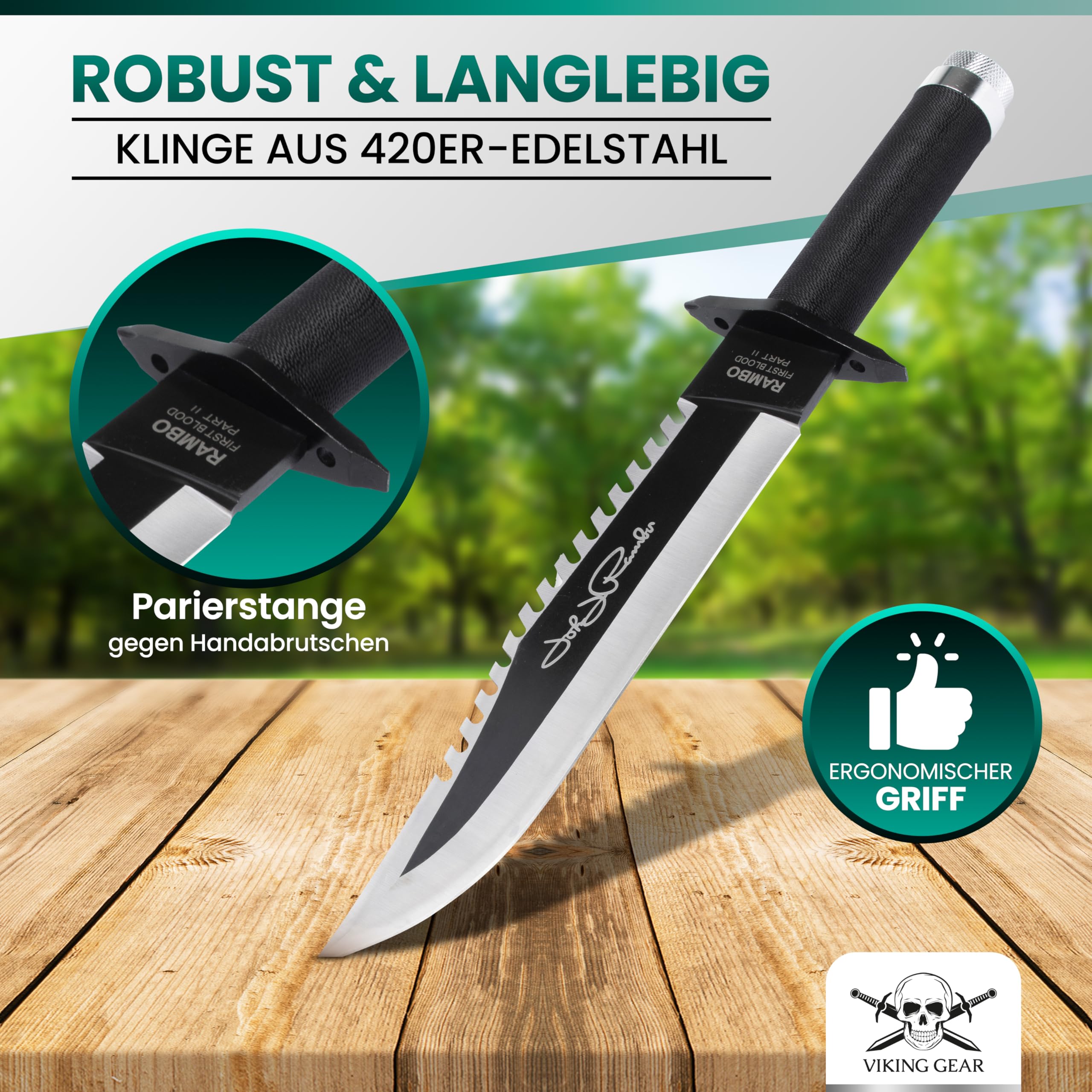 VIKING GEAR Rambo John Rambo First Blood Part II Signature Edition nóż do rambo z kompasem, haczyk do wędkowania ze sznurkiem, plastry, zapałką i pochwą na noże ze skóry PU