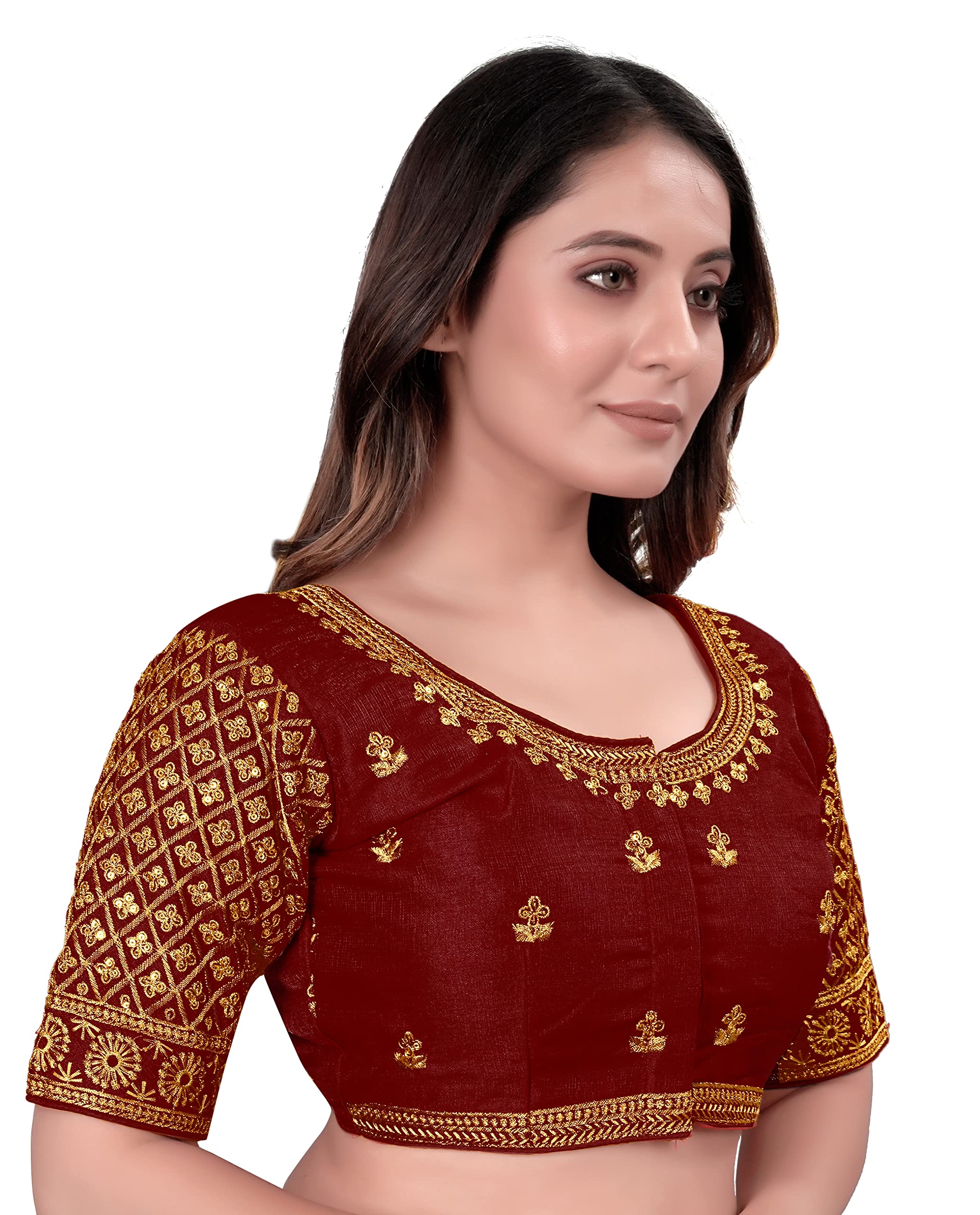 pujia mills Women's Art Silk Half Sleeve Embroidery Half Readymade Saree Blouse For Women Sequence Work Blouse-picture-34