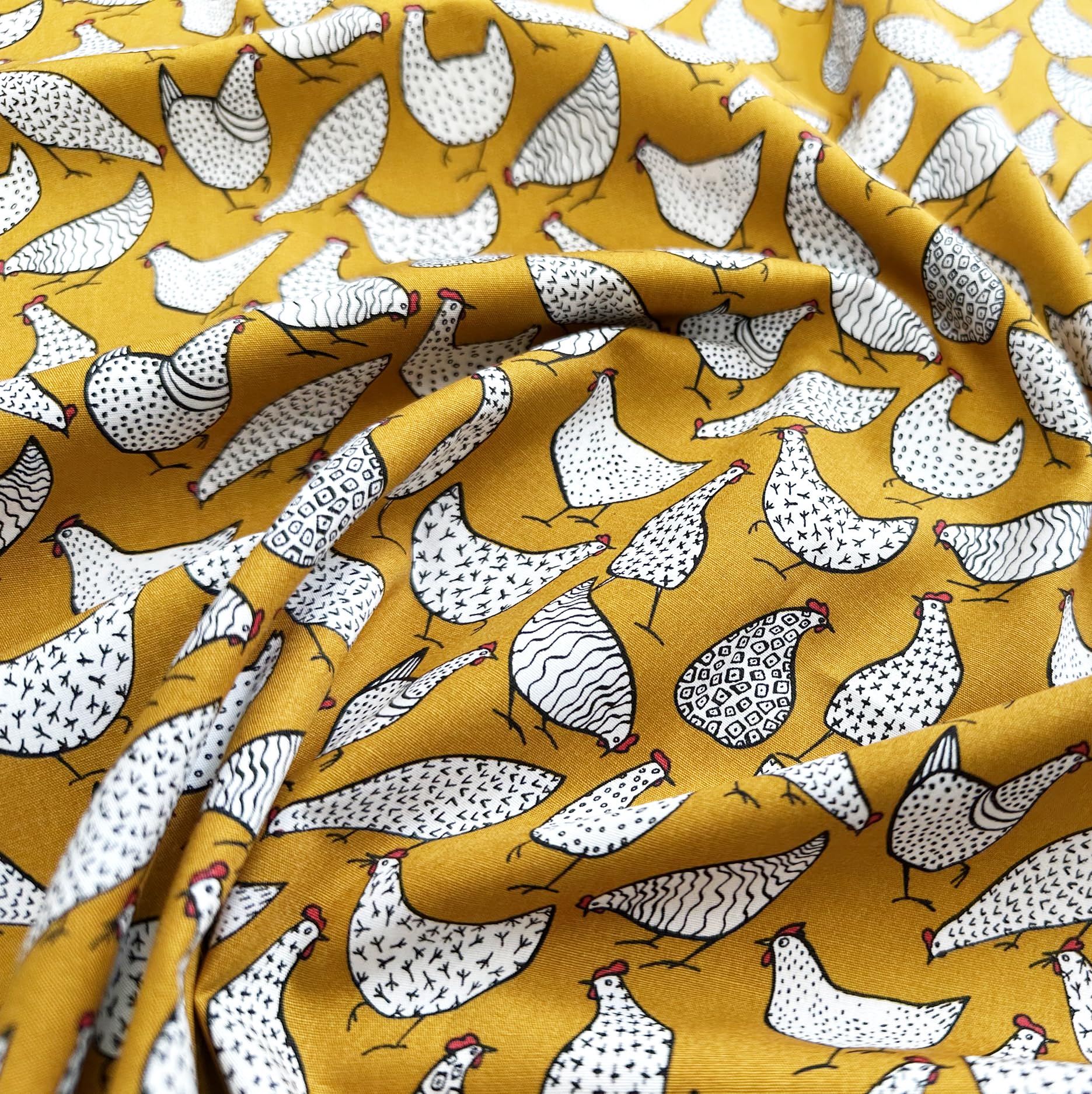 Oddies Yellow Cotton Poplin 'Chickens' Print Design - Ochre Mustard Background 112 Cm 100% Cotton Fabric -130Gsm - Per Metre (Ochre)