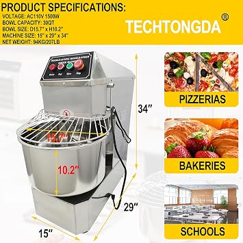 TECHTONGDA 30L Commercial Dough Mixer with Dual Action Dual Speed, Pizza Bakery Spiral Stand Mixe Machine, 110V 1500W Stainless Steel Dough Kneading Machine, Baking Equipment for Restaurant Pizzeria