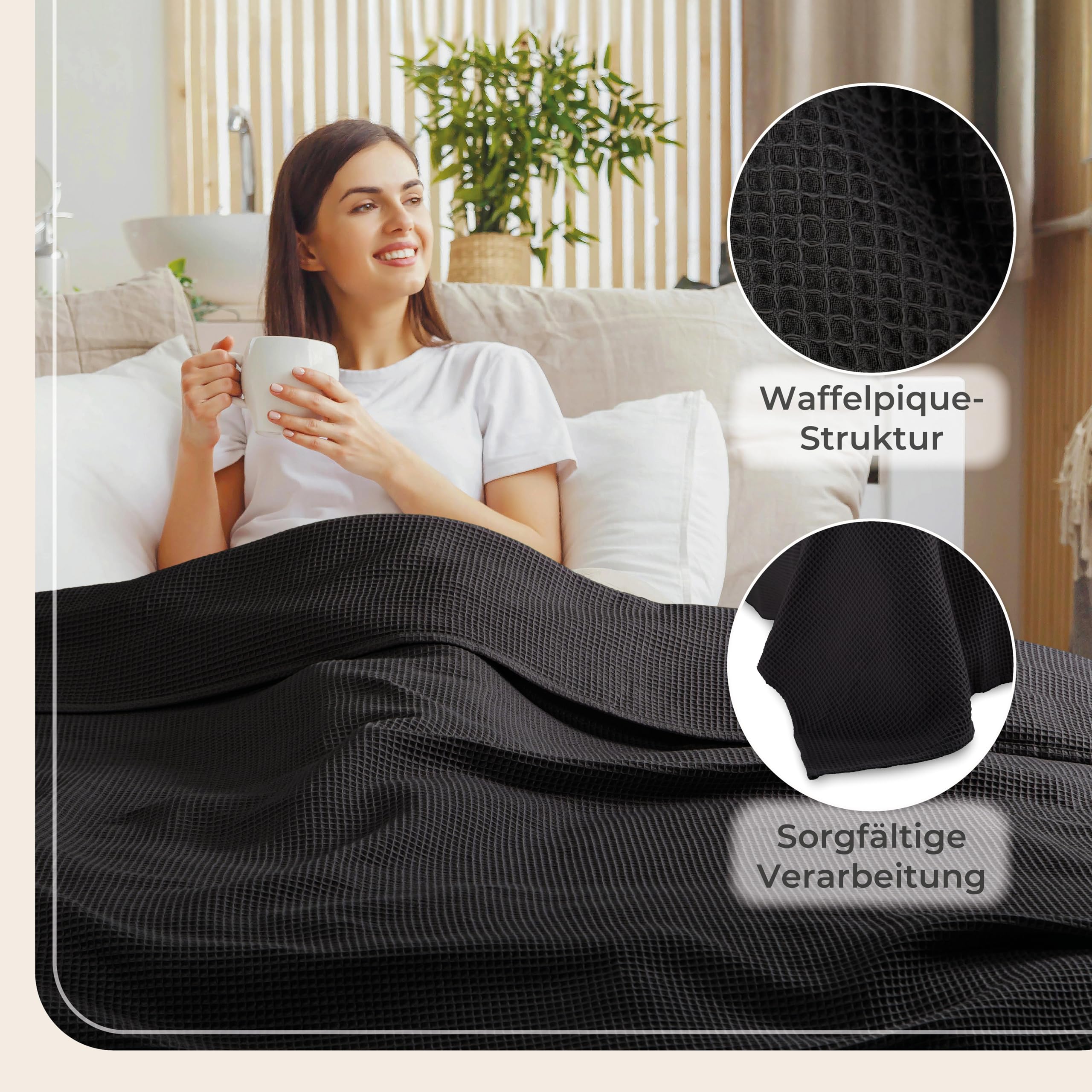 LAYNENBURG Premium Tagesdecke 180 x 220 cm - Waffelpique 100% Baumwolle - leichte Wohndecke Waffeloptik - Baumwolldecke als Bett-Überwurf, Sofa-Überwurf, Couch-Überwurf