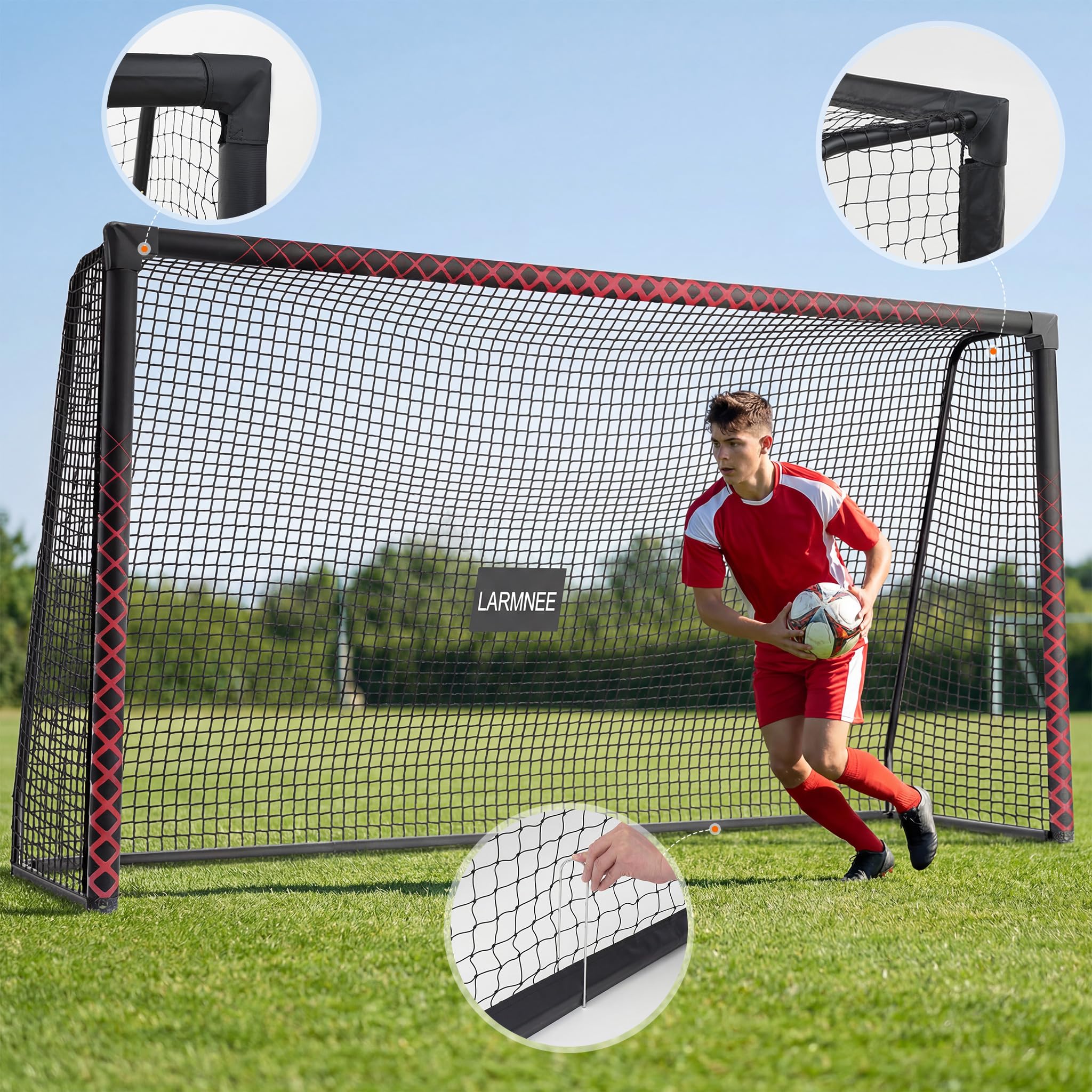 LARMNEE Portería de Fútbol Grande, Incluye Piquetas en U, con Protección de Espuma de Polietileno, para Exterior, Jardín y Campo de Juego