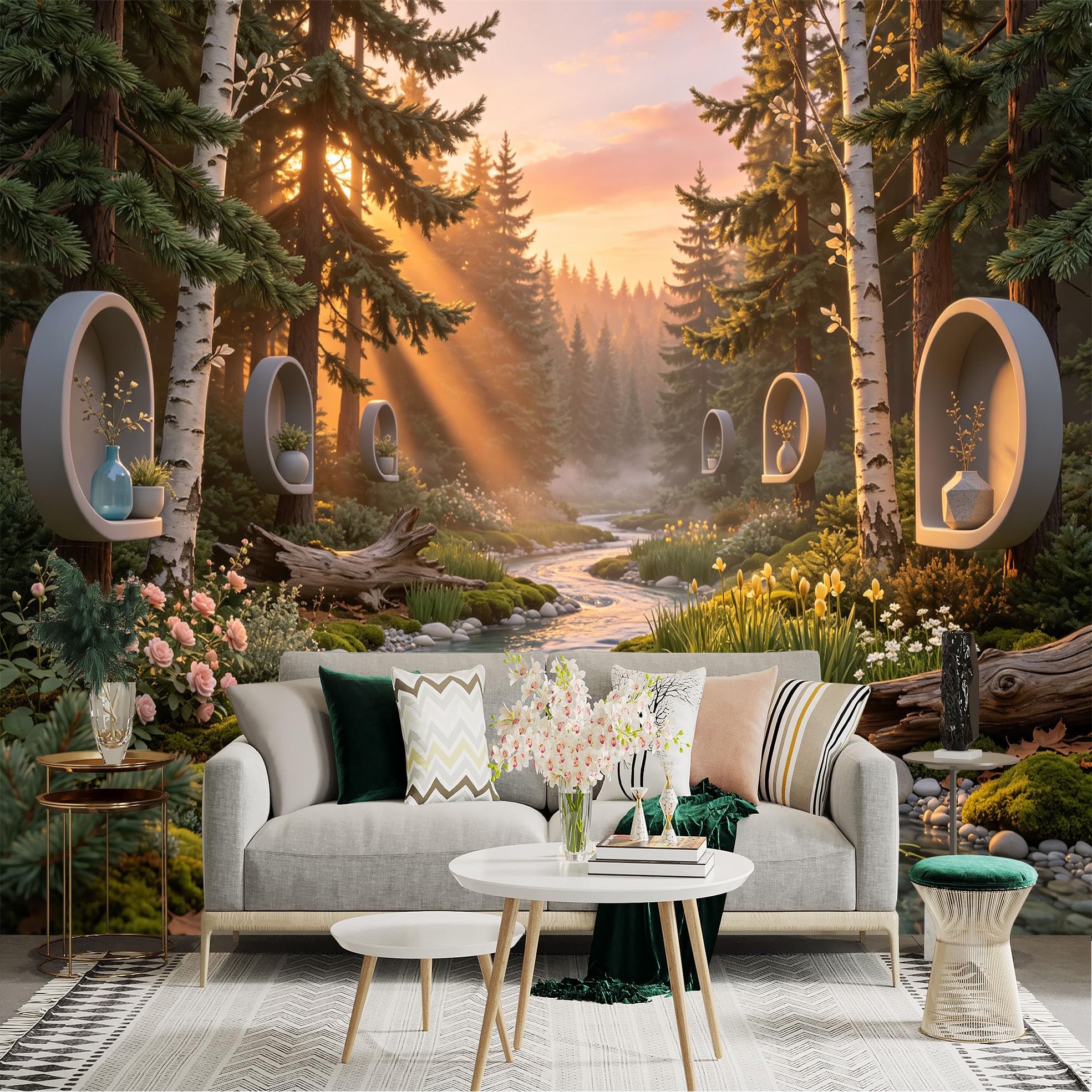 Lnzczhyre Bh260719036 Custom Size Wall Sticker Mural， Enchanted Woodland Stream， Sunlit Birch Forest， Floating Shelves With Vases， Serene Nature Landscape， For Wall Decoration， Peelandstick Wall Decals.