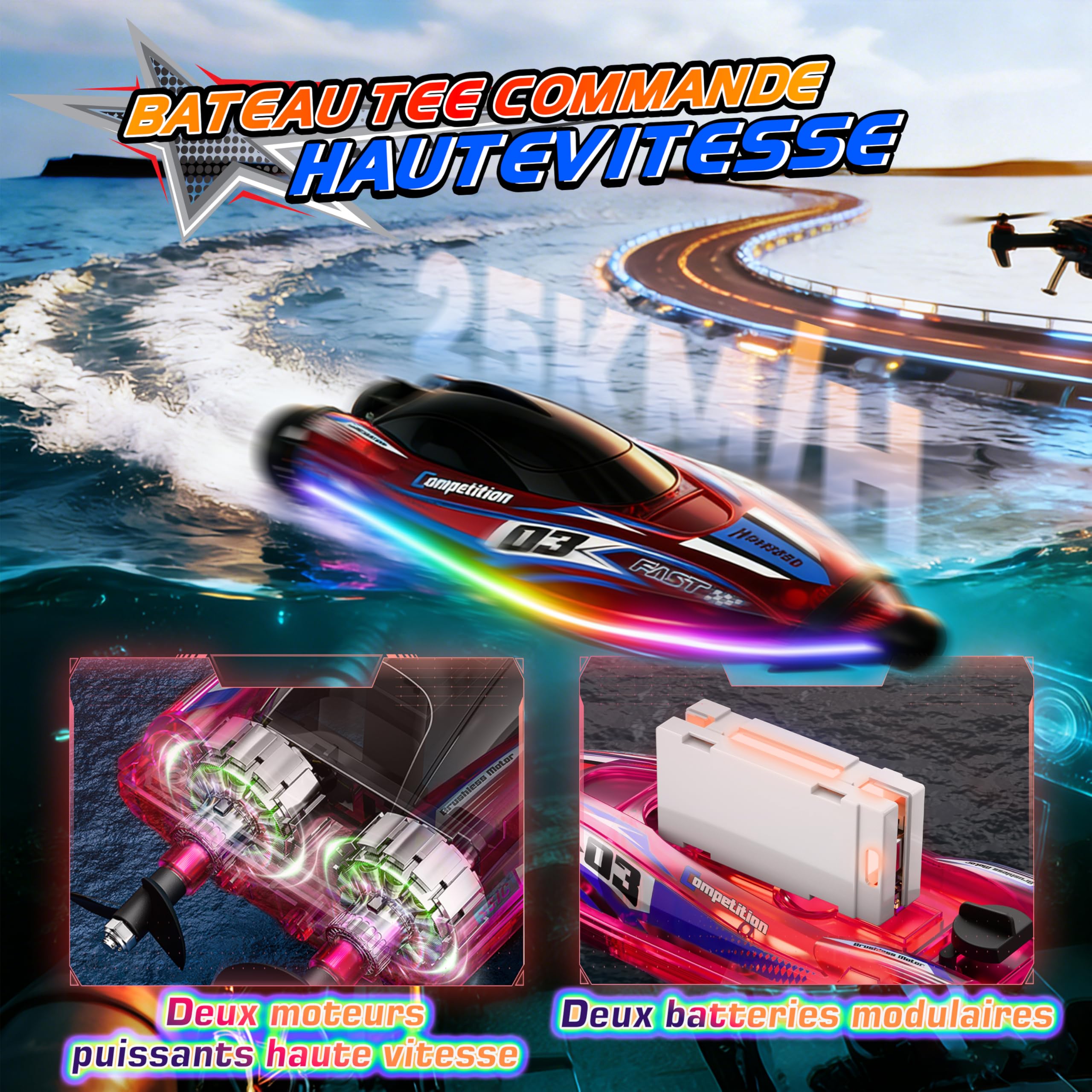 FORMIZON Bateau Télécommandé 25 km/h, Bateau RC avec Lumière LED pour Piscine et Lacs, 2,4GHZ Speedboat de Course RC avec Anti-Enchevêtrement à l’Arrière, Boat Jouet Piscine pour Enfants (Rouge)