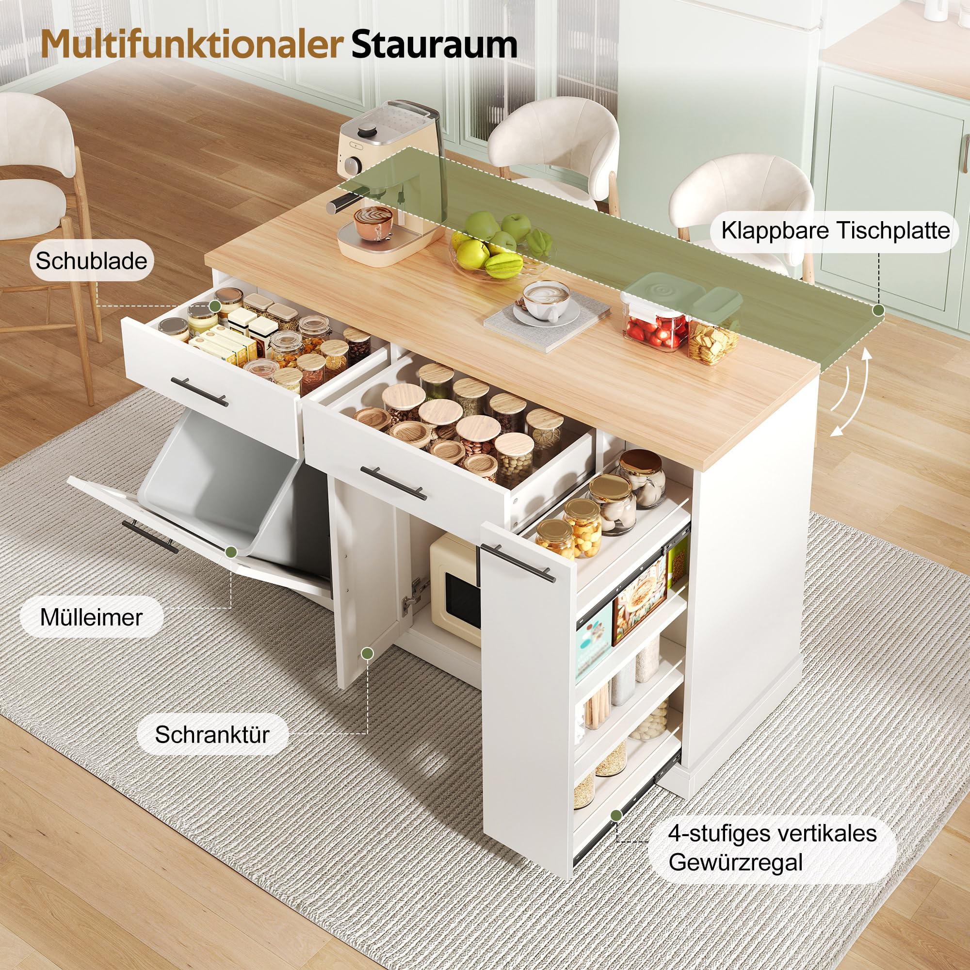 Merax Kücheninsel Freistehend mit Mülleimer, Küchenwagen mit Rollen, Küchenschrank mit Klappbarer Arbeitsplatte, 4 Gewürzregal, 2 Schubladen, Mülleimer Schrank für Küche, 120x70x93,5cm, Weiß