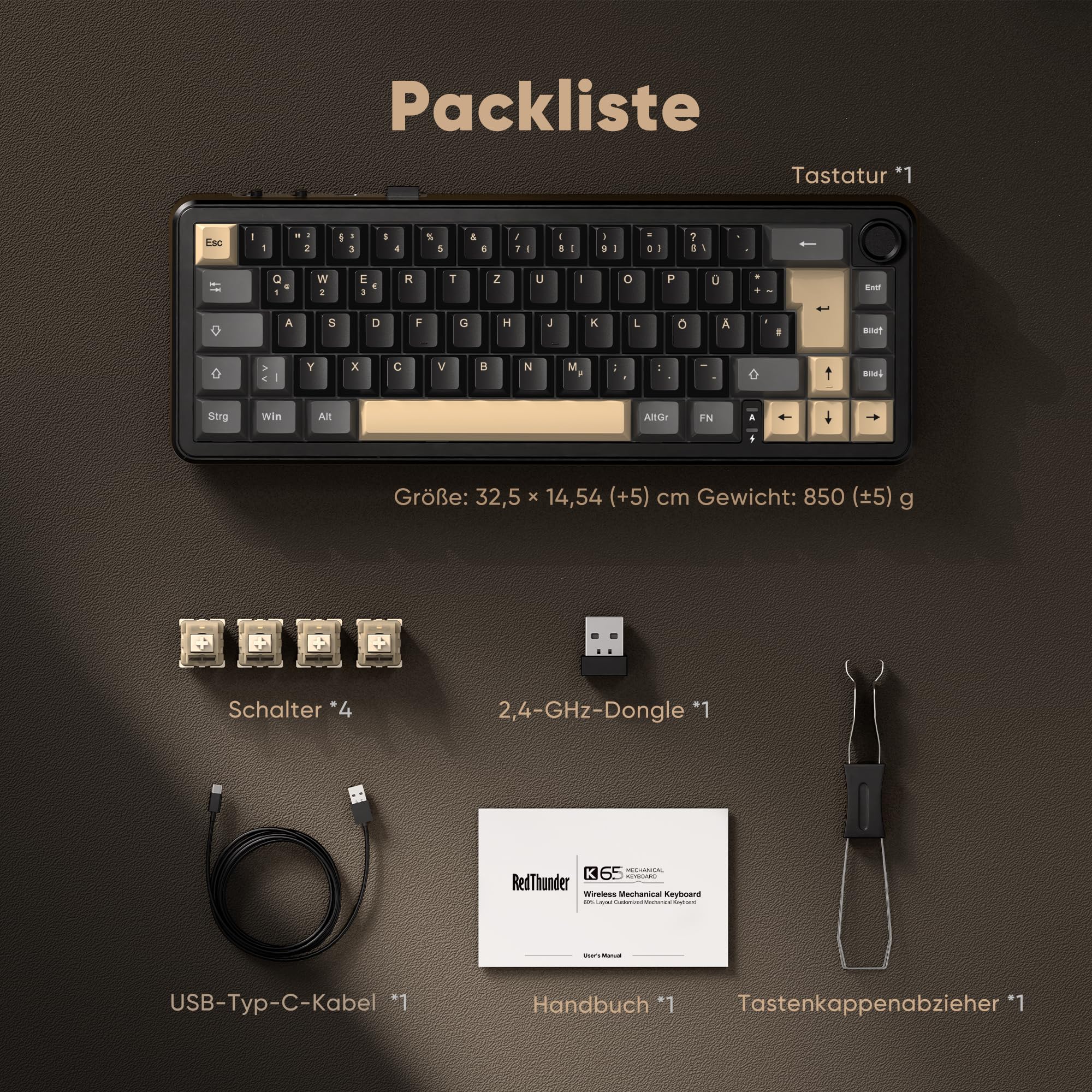 RedThunder K65 Kabellose Mechanische Gaming Tastatur, QWERTZ 67 Tasten, RGB, Fünfschichtige Polsterung Struktur, BT/USB-C/2,4GHz, Hot-swap, 4000 mAh, Gaming Tastatur für Windows, Mac, Xbox, PS4 PS5.