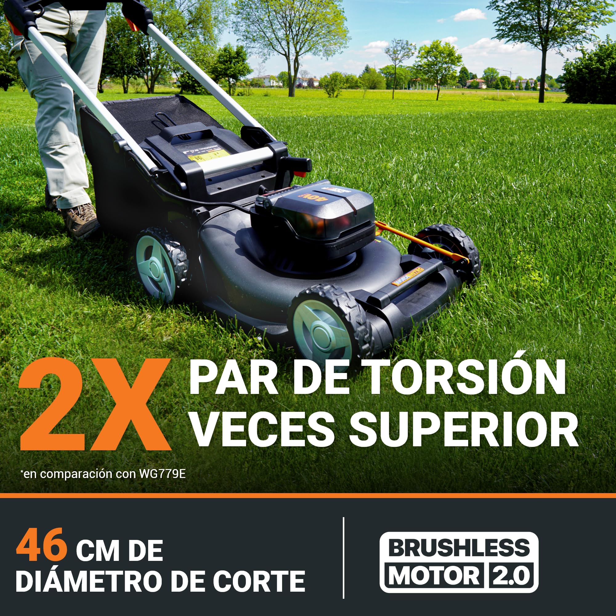 WORX - Cortacésped sin escobillas inalámbrico 20V-2*20V -4Ah - WG748E - Ø46cm - Hasta 500m² con una carga (Corta hasta los bordes, entregado con 2 baterías, un cargador, bolsa de 55 L, mulching)