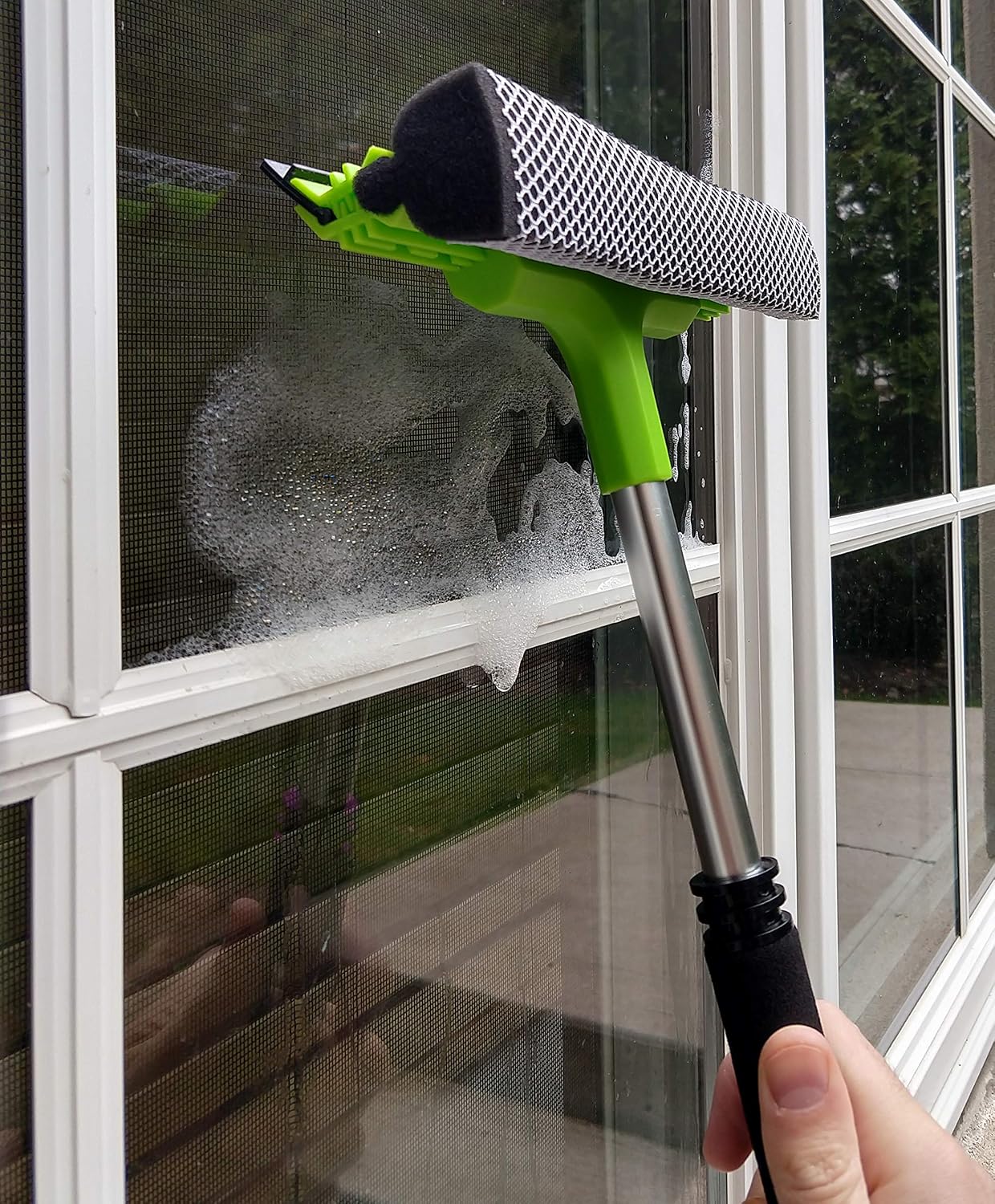 Window Cleaner Squeegee and Sponge Tool | for Window Washing, Car Windshield or Glass Cleaning | Multi-Surface Scrubber for Indoor Outdoor | Double Sided Windows Washer Kit