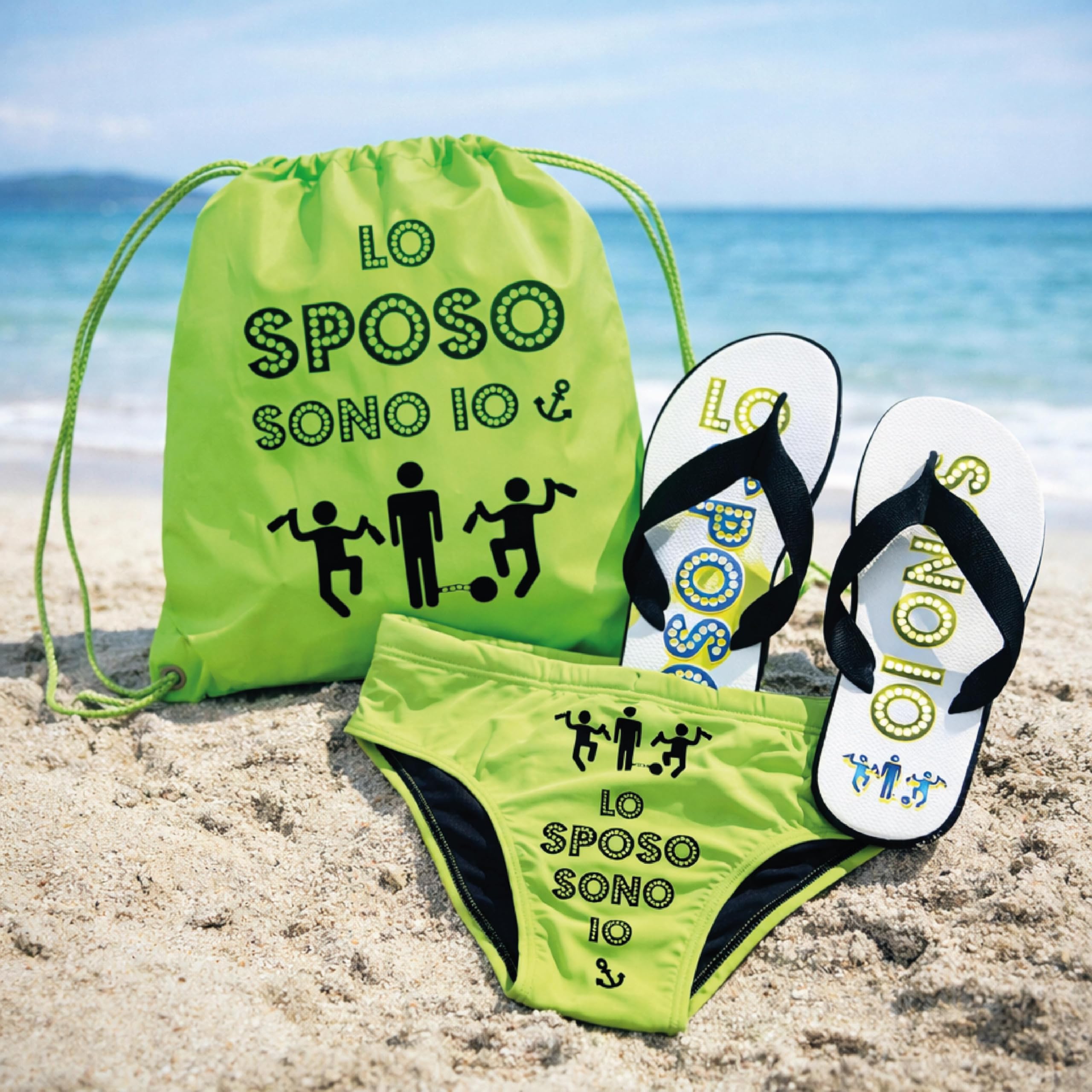 D&Vlab Kit Mare Sposo Addio al Celibato – Sacca Zaino, Ciabatte e Costume Uomo “LO SPOSO SONO IO” – Set Divertente Regalo Matrimonio Team Groom Spiaggia Estate Vacanza