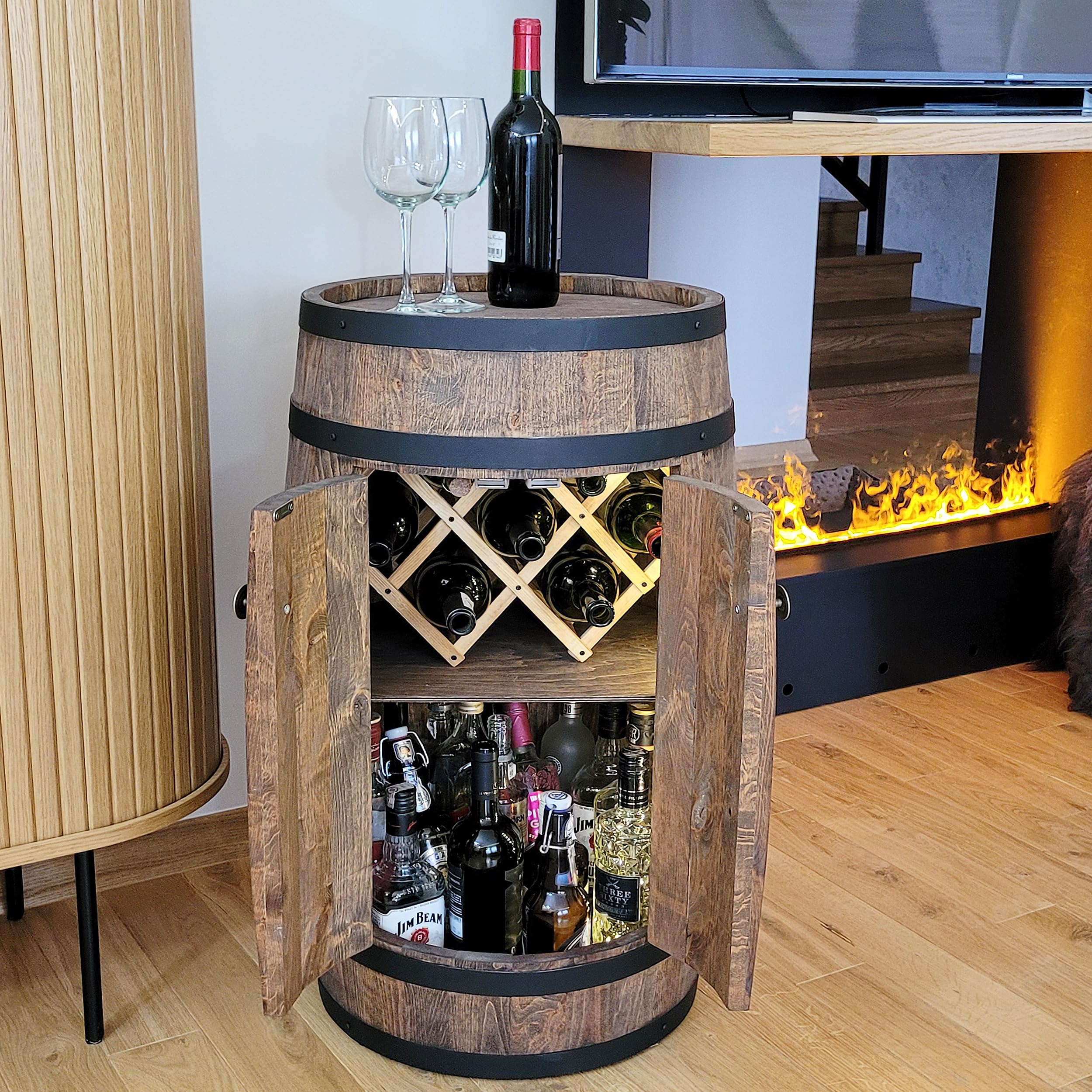 WEECO Barile In Legno con porta e portabottiglie LED, Portabottiglie per vino, Decorazione rustica per bar, portabottiglie, Botte per Vino, Scaffale Botte legno, Barile rum Birra 80x50cm (wengé scuro)