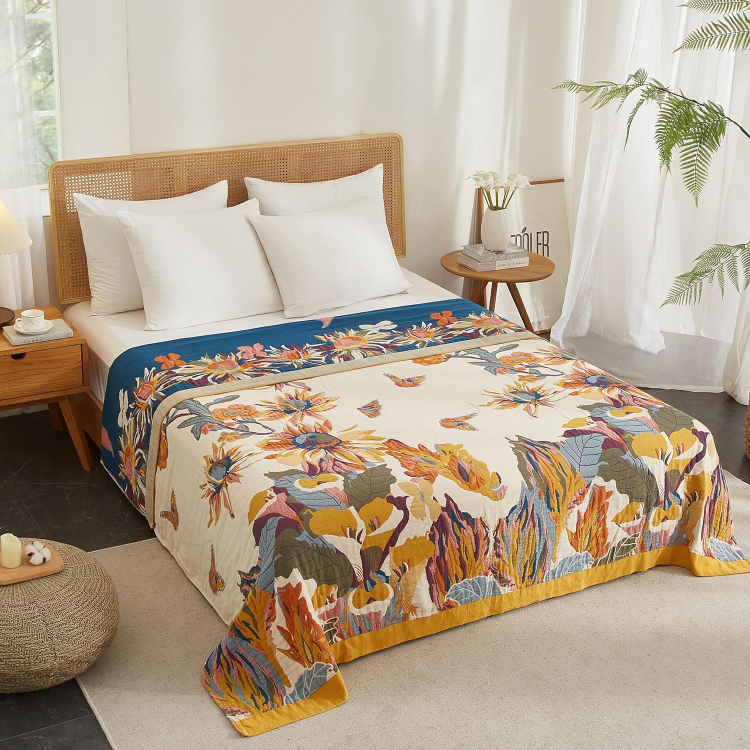 Boho Throw Blanket for Bed 60”x80”, 100% Cotton Woven Blanket for Couch Sofa, Ultra Soft 4-Layer Muslin Quilt with Floral Printed, Farmhouse Bed Blanket/Cover for Living Room Decor - Image 5