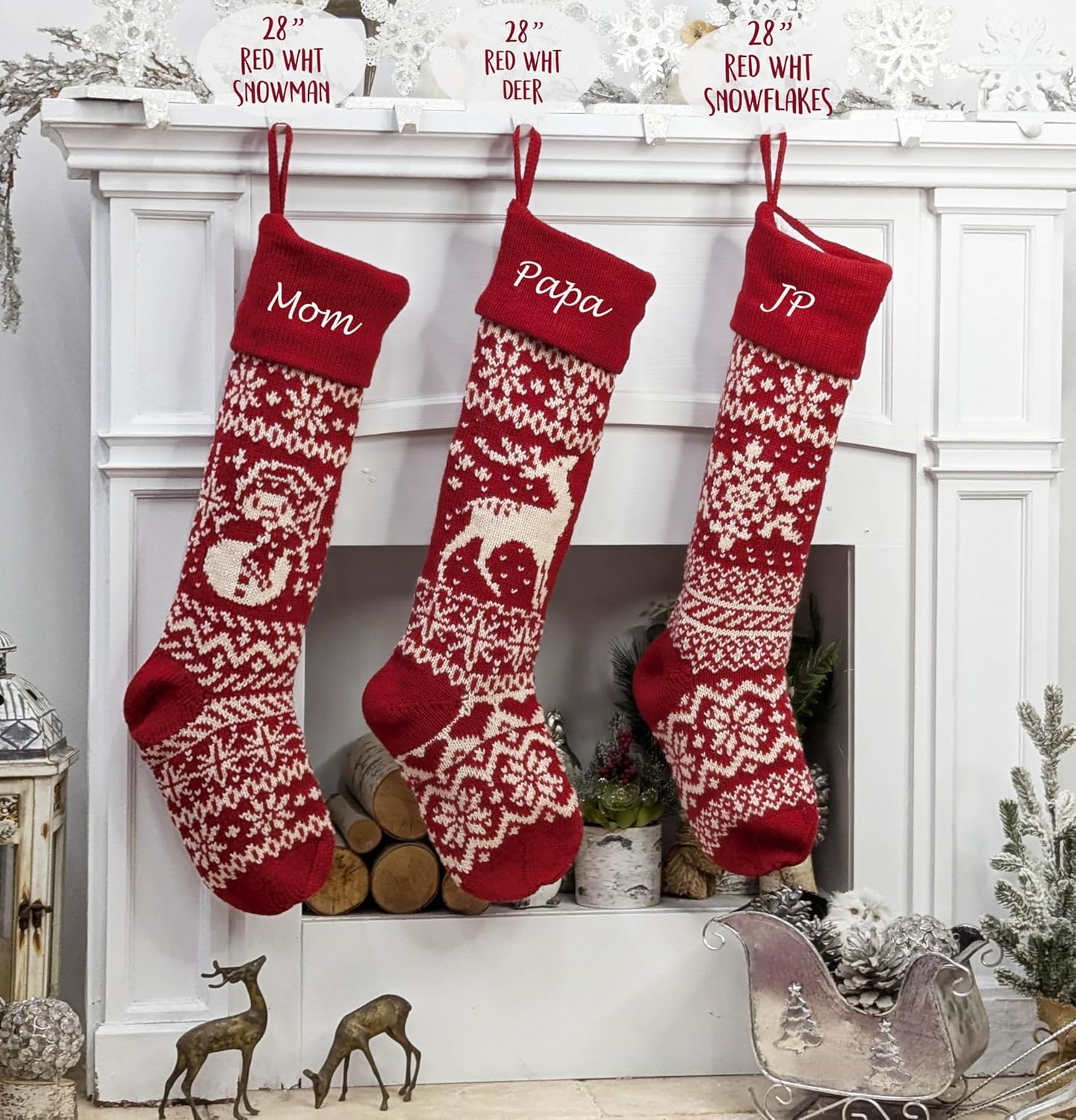 Personalized 28 inch Large Knitted Christmas Stockings – Intarsia Fair Isle Design with Nordic Patterns, Perfect for Family Holiday Decor - Red White and Red White Grey Patterns to Choose from