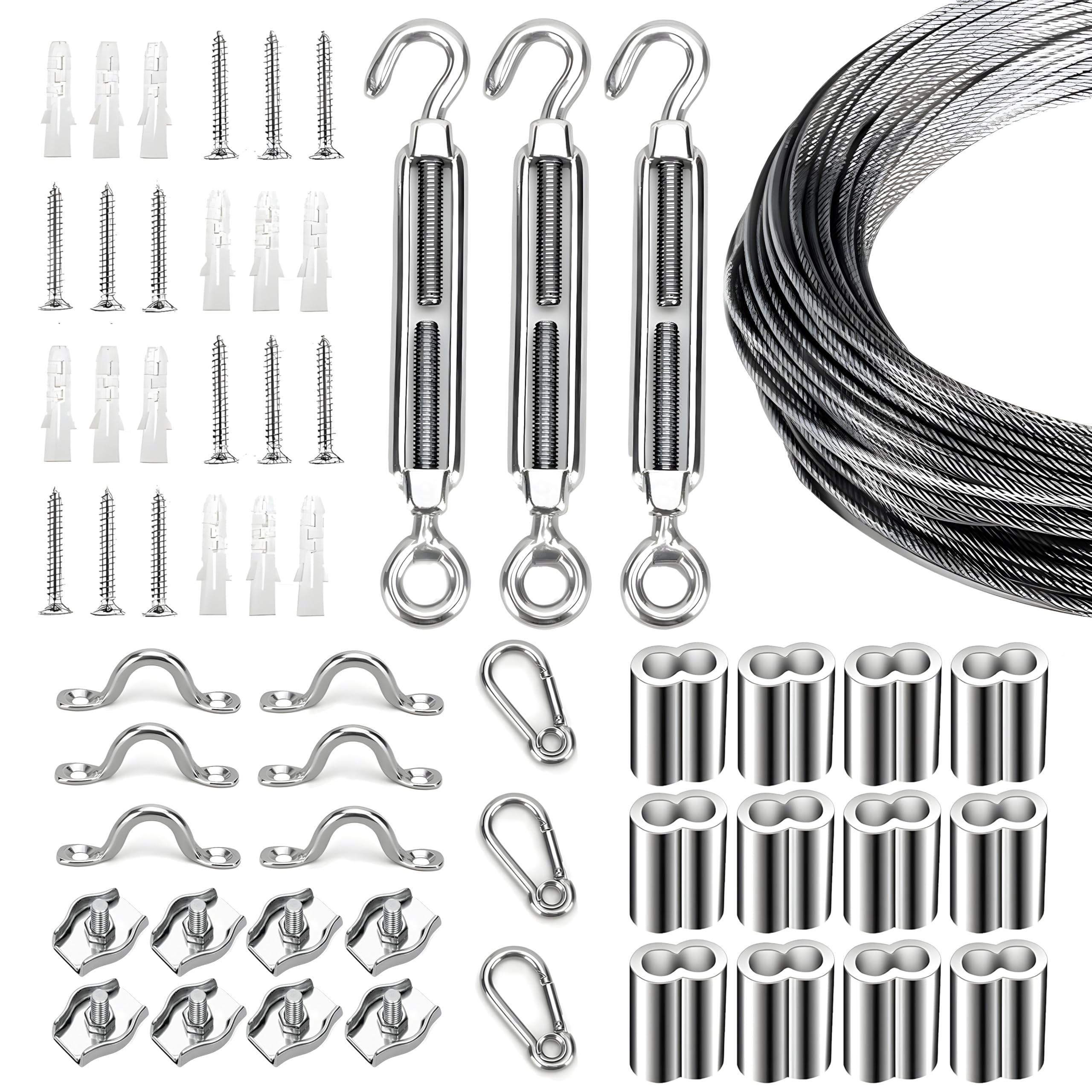 Globe String Light Suspension Kit, Outdoor Light Guide Wire, Vinyl Coated Stainless Steel Steel Cable，Include 100ft Transparent PVC and 304 Stainless