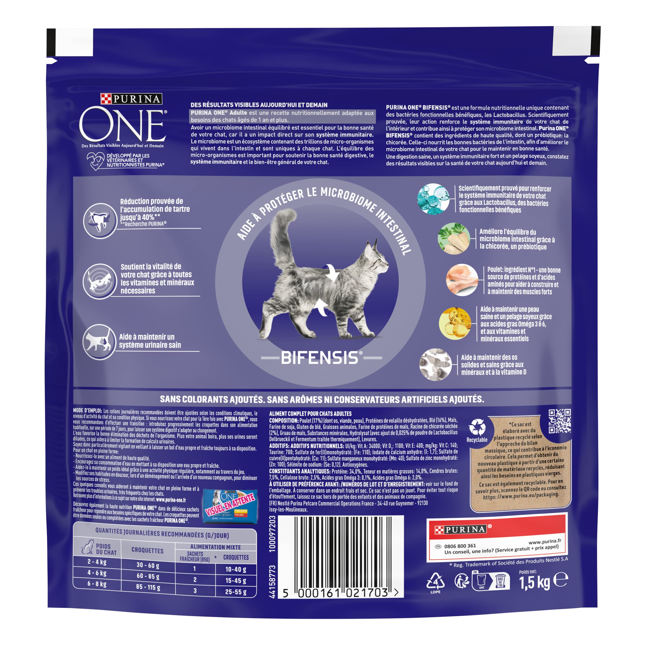 PURINA ONE | BIFENSIS | Croquettes pour Chat Adulte | Renforce Le système immunitaire, améliore l'équilibre du microbiome, Aide à Maintenir Un système urinaire sain | Poulet | Sac | Lot de 6 x 1,5Kg