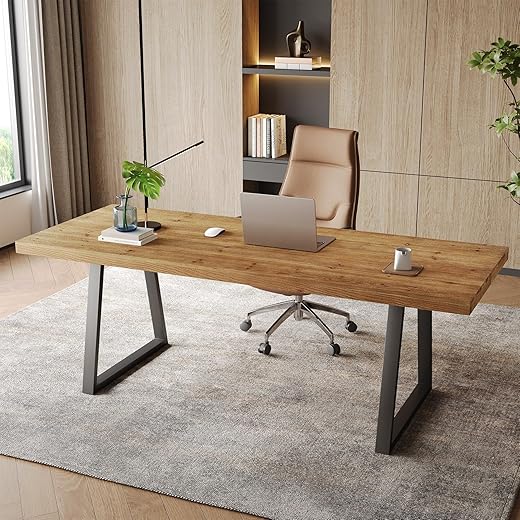 63" Industrial Executive Desk, Solid Wood Computer Laptop Desk with Strong Metal Legs, Study Writing Table Business Workstation for Home Office, Small Conference Table