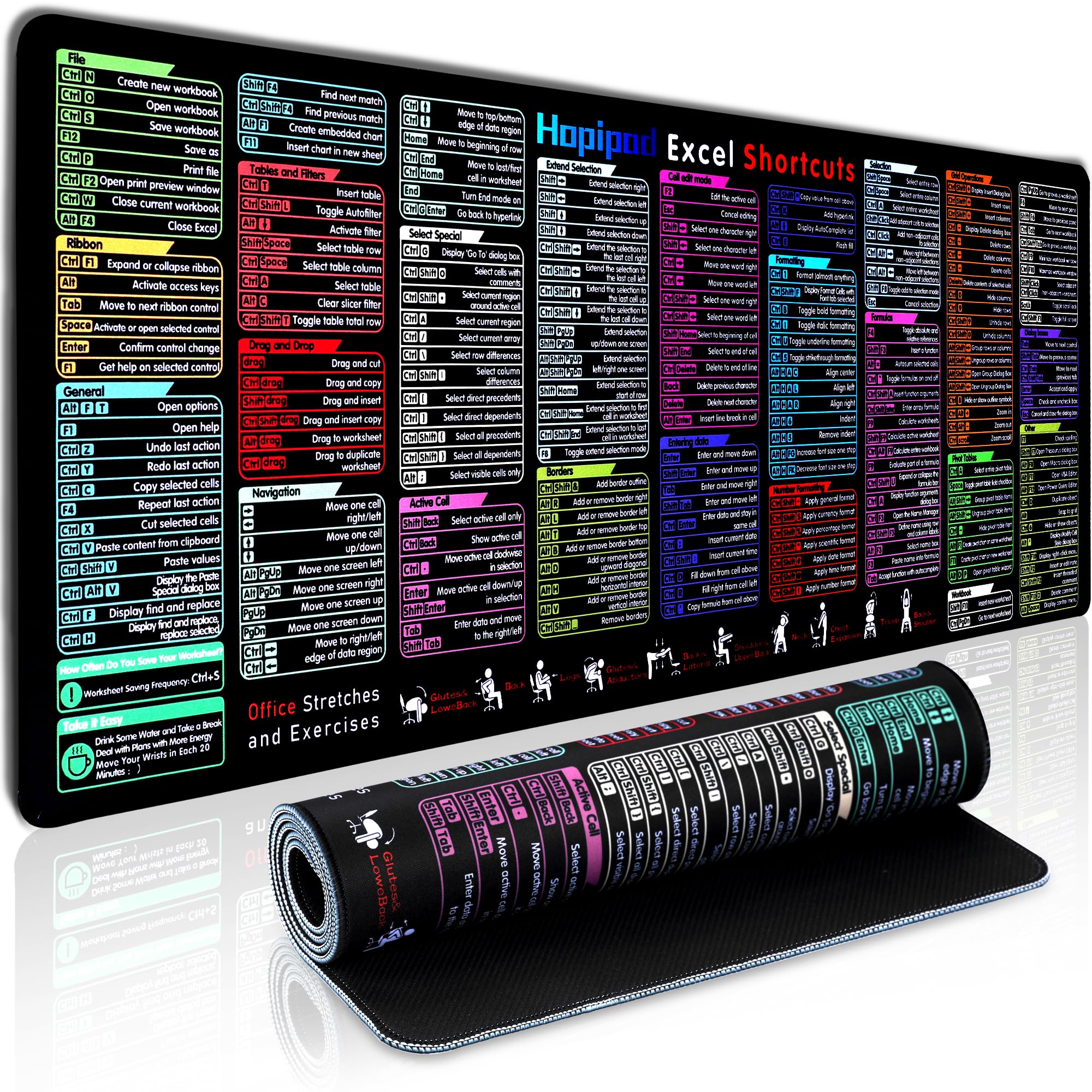 Excel Cheat Sheet Desk Pad with 231 Shortcuts & Formulas | 2025 Edition | Extra-Large “31.5"x“11.8" Waterproof Mousepad | Stain-Resistant | Anti-Fray Stitched Edges | Non-Slip Office & Gaming Desk Mat