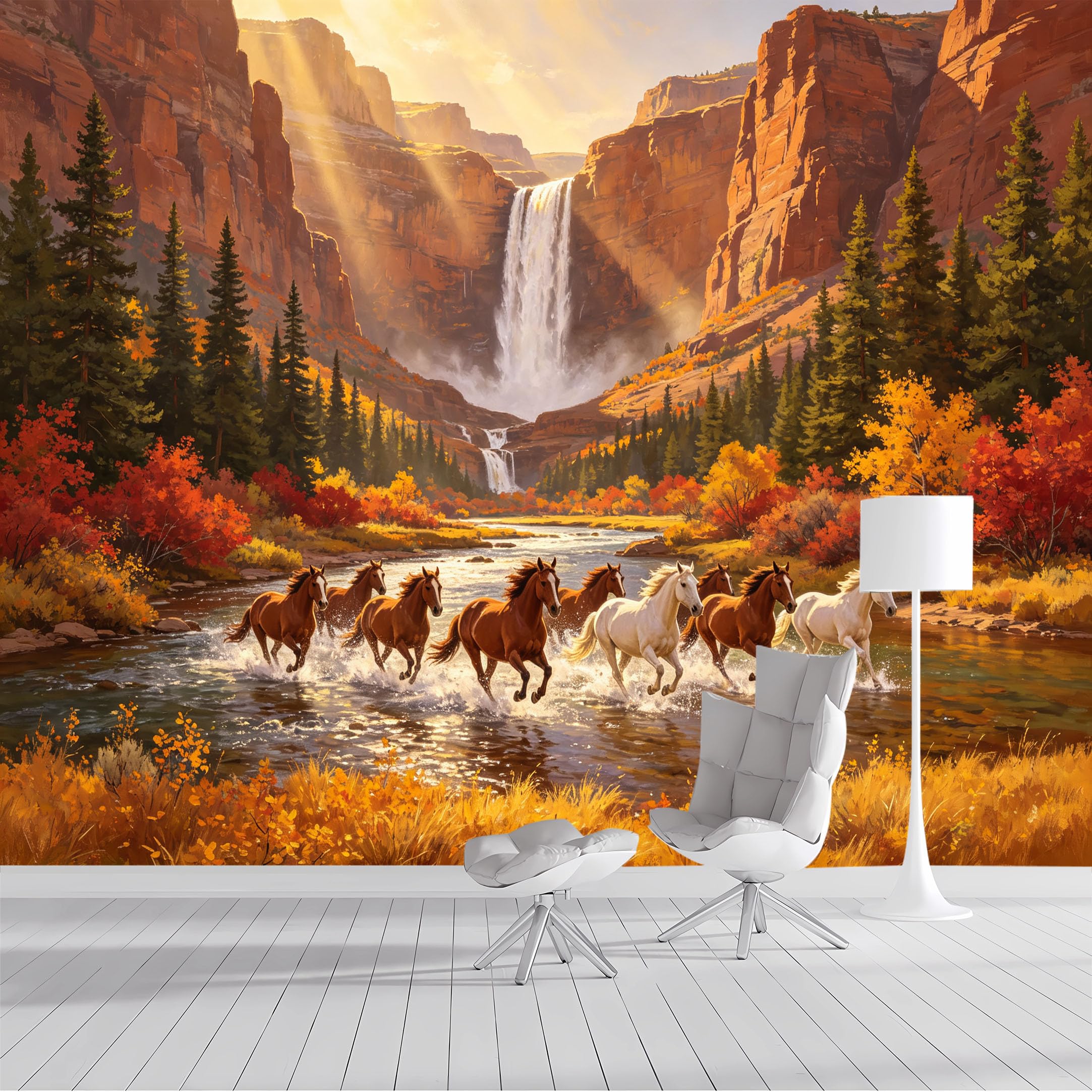 Custom Size Wall Mural Canyon Waterfall Running Horses Rustic SelfAdhesive Wall Fabric Removable Peel and Stick Wallpaper Wall Decor for Living Room Bedroom Bathroom