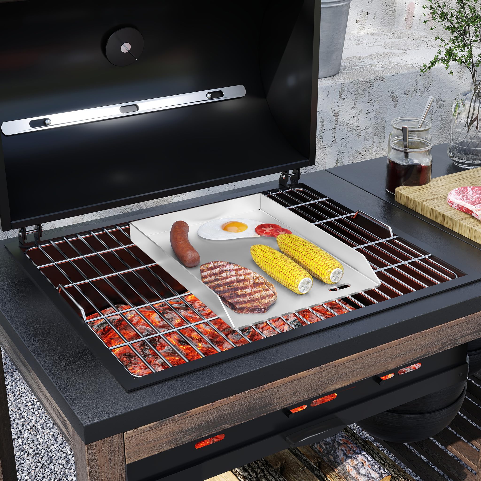 Froadp Plancha de acero inoxidable, 30 x 40 x 4 cm, universal, con canaleta de aceite, plancha para barbacoa de gas y carbón, accesorios para barbacoa, incluye 2 espátulas