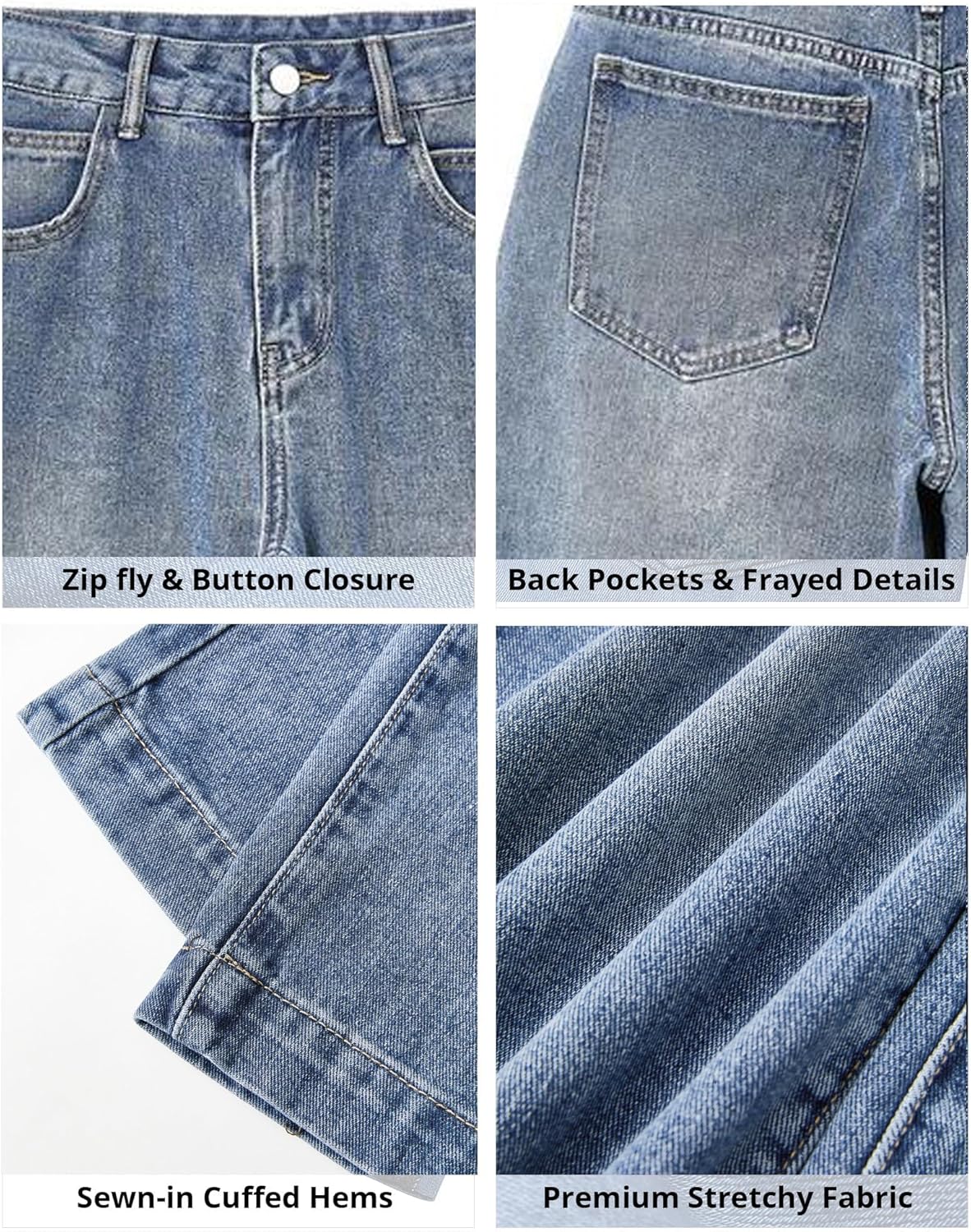 EMMIOL Mid-Low Rise Baggy Jeans for Women, Straight Leg Vintage Boyfriend Jeans with Distressed Details