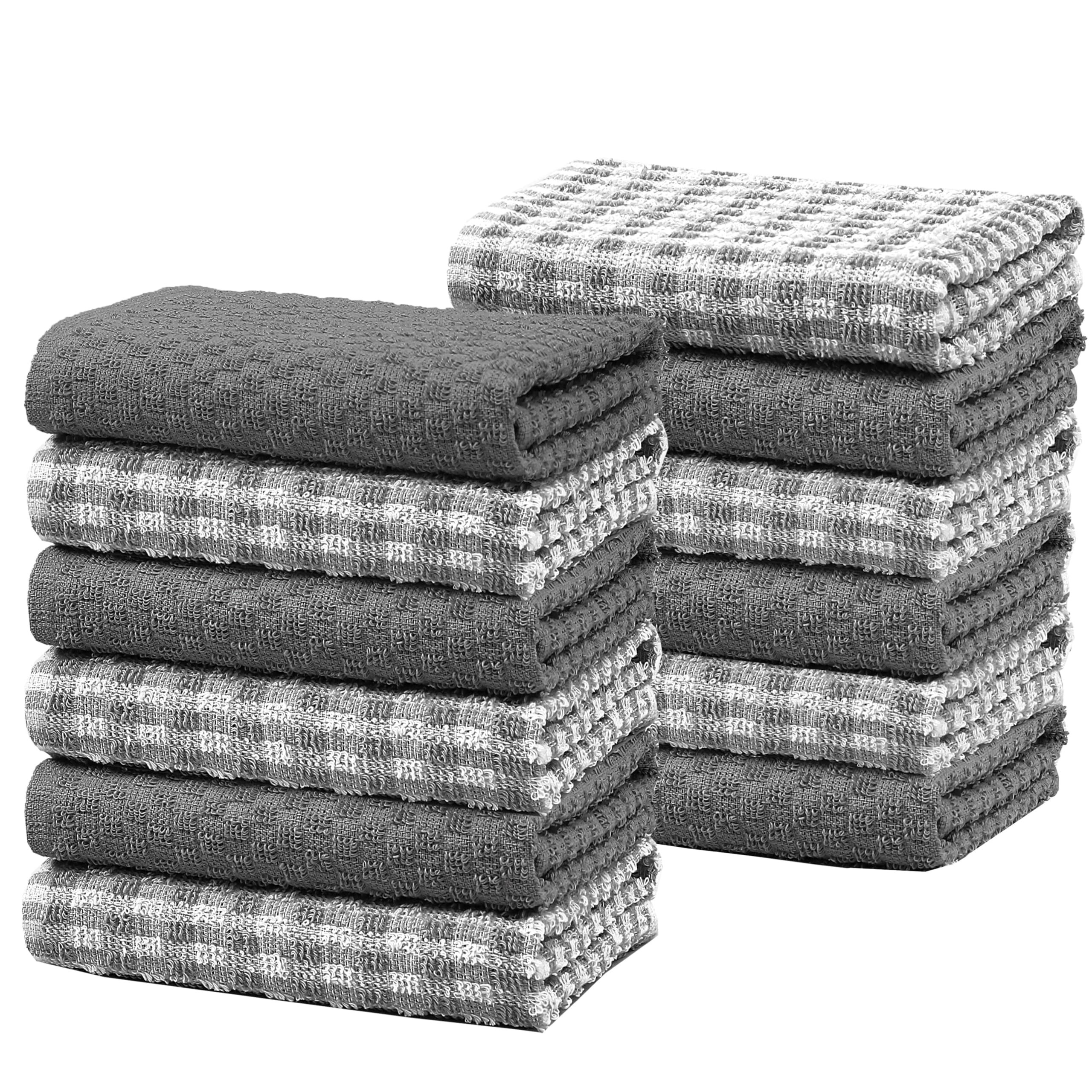 Olivia Rocco 100% Cotton Ascot Check Terry Tea Towels for Kitchen Pack of 12 Super Absorbent Dish Cloth Towel for Drying & Cleaning Household Essentials, Grey- 12 PK