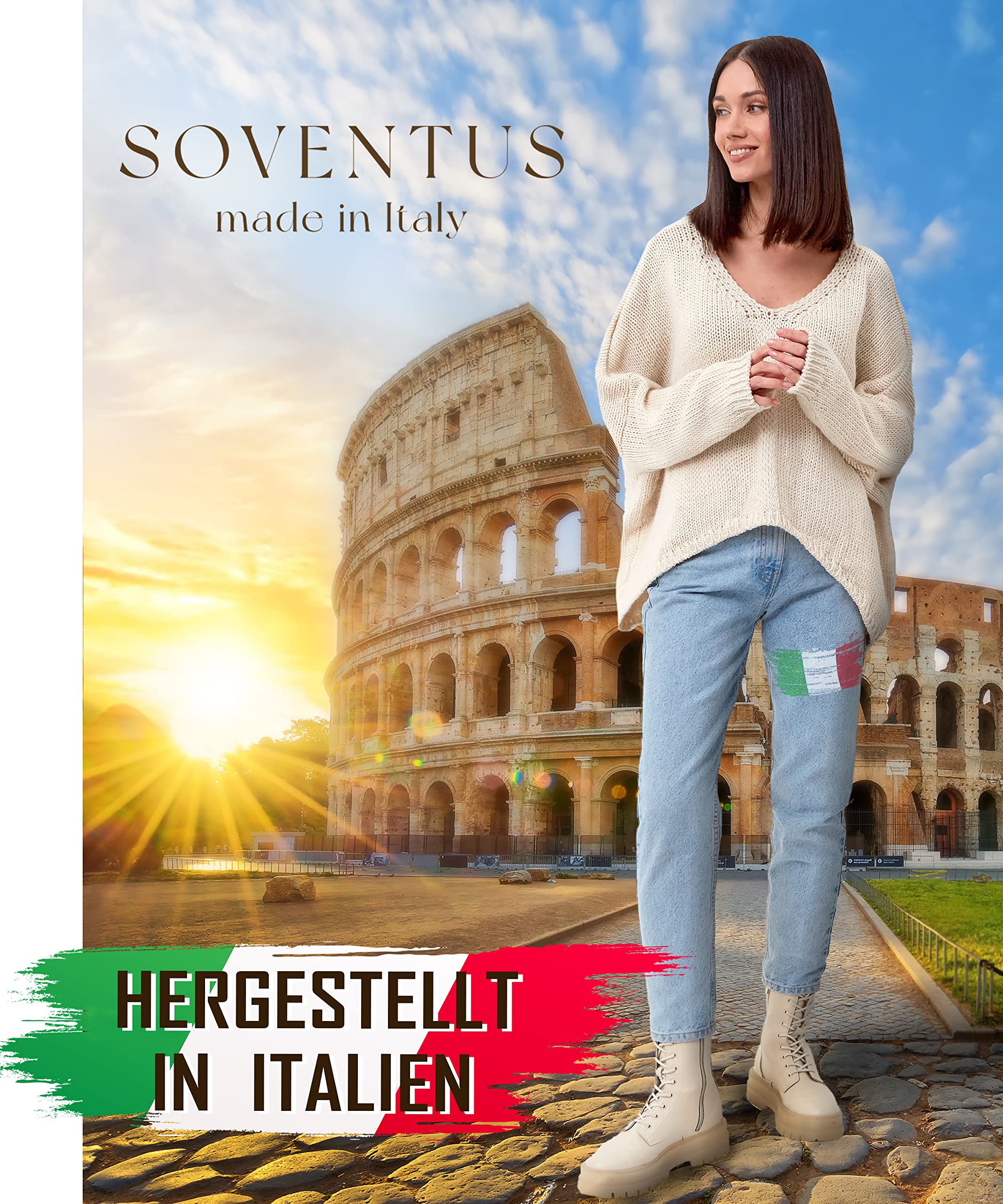 SOVENTUS FASHION Damen Strickpullover Oversize grobmaschig Pullover Damen Strick Oversize kurz Pulli Frühling Herbst V-Ausschnitt, mit oder ohne Kapuze, Grosse größen Made in Italy