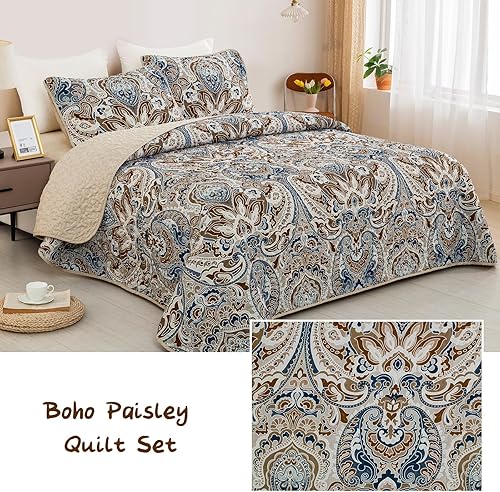 Miniatura 2 de Drucon Juego de edredón bohemio de 3 piezas, color marrón, tamaño King, juego de edredón bohemio de cachemira, edredón de microfibra suave y ligera