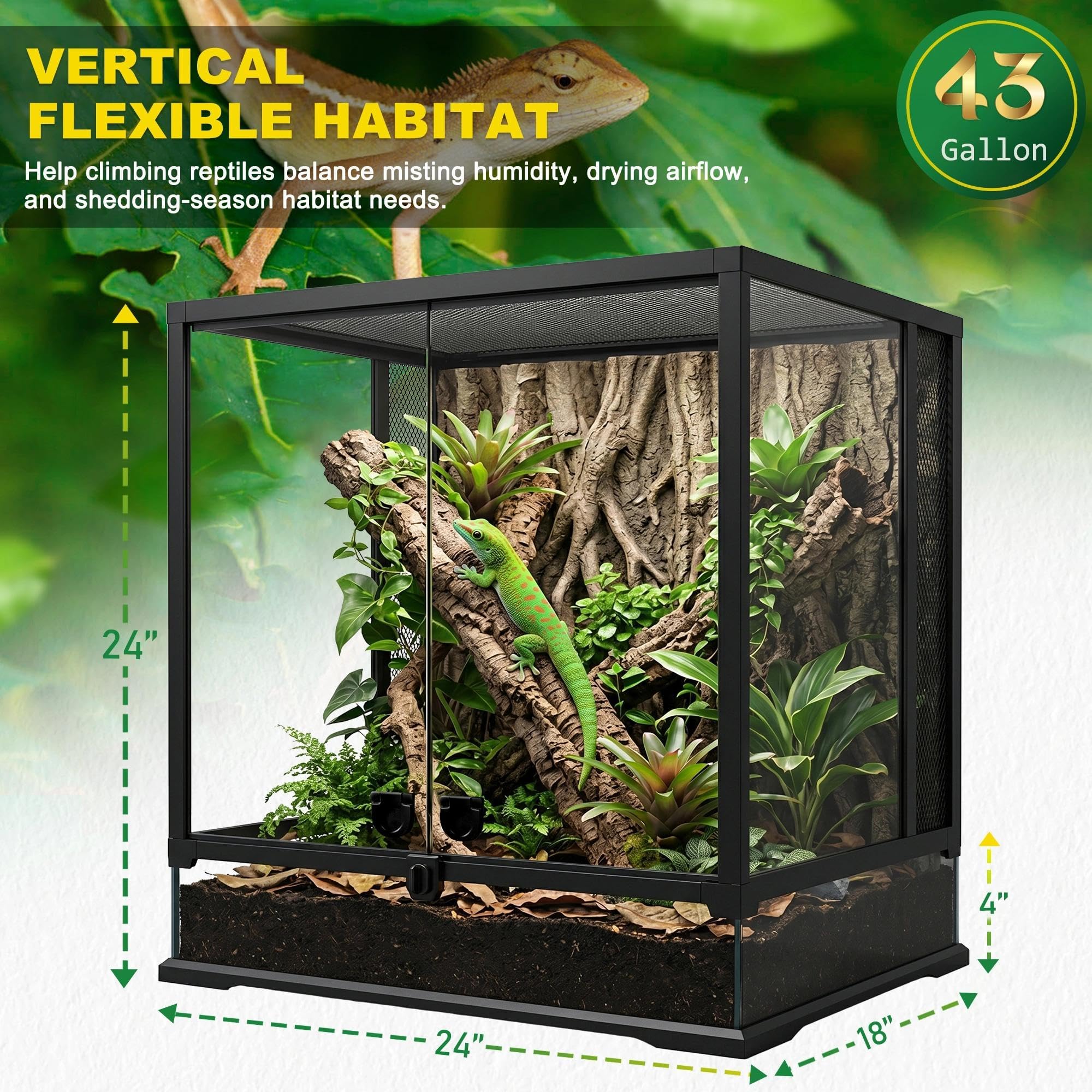 Terrario professionale in vetro da 43 galloni 61 x 45,7 x 61 cm resistente serbatoio habitat rettile con telaio in lega di alluminio resistente al calore, doppie porte a battente anteriori