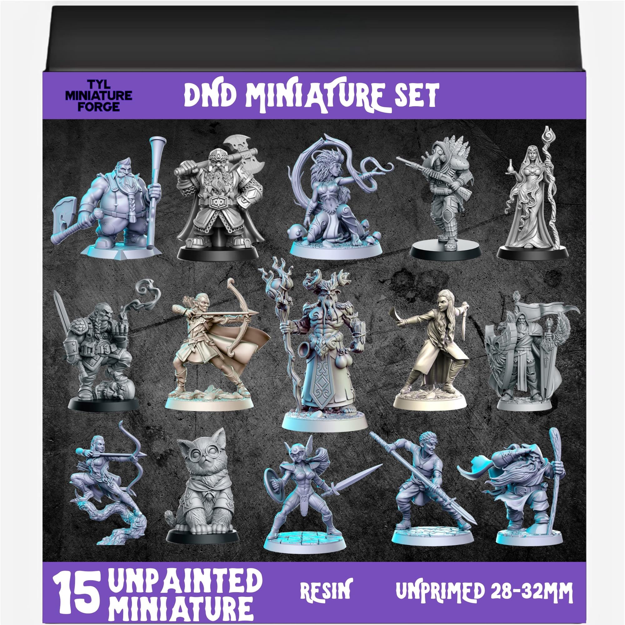 TYL | DND3 15-Piece Miniature Set – Unpainted 32mm Resin Miniatures for DND, Pathfinder & Tabletop RPGs – High-Detail Fantasy Models for Dungeon