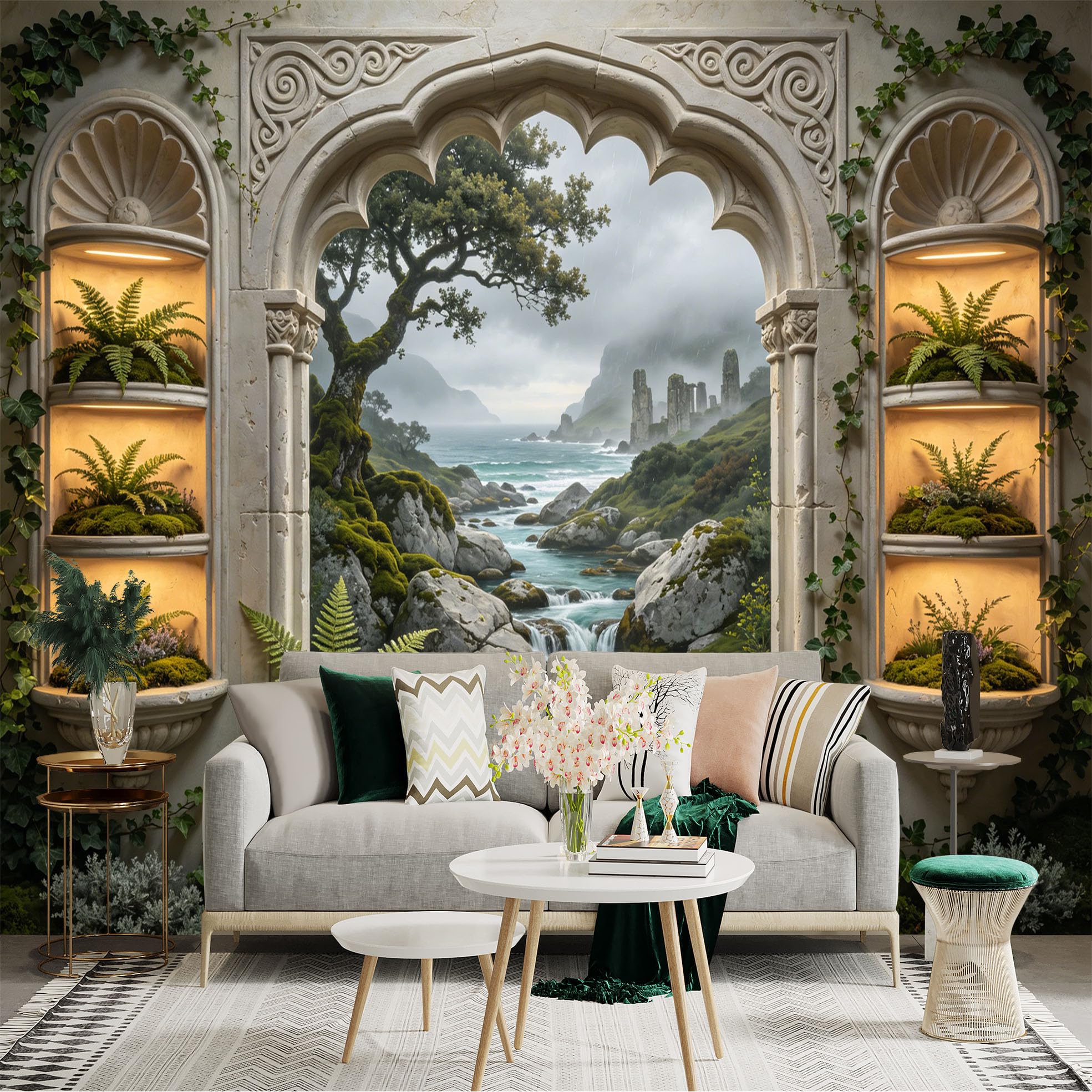 Custom Size Wall Sticker Mural， Arch Window View with Waterfall， Ferns and Ancient Ruins， for wall Decoration， peelandstick wall Decals.