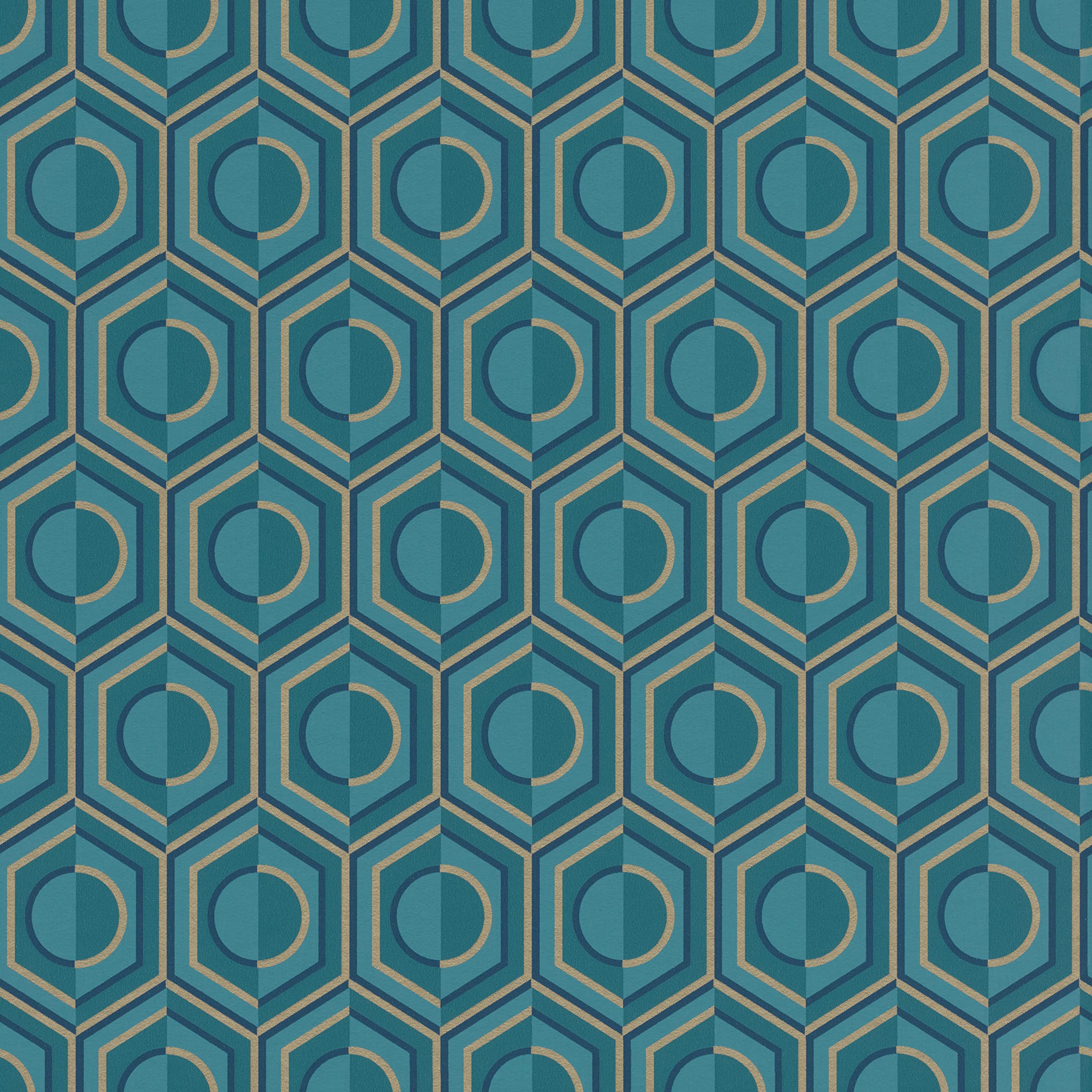Rasch Papel pintado 710144 – Papel pintado con diseño geométrico retro en aspecto azul petróleo y dorado de la colección Sophia – 10,05 m x 0,53 m (largo x ancho)