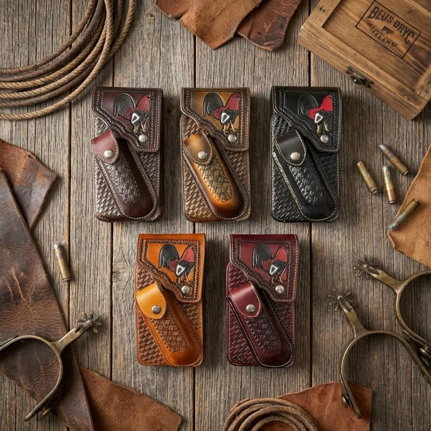 Rooster Basketweave Holster with Knife Sheath Western Leather Phone Belt Pouch Embossed Handmade Cell Phone Case Tooled Case Universal by E g i f t h o m e #EH13256_Pouch Size 7" x 4" x 1" (Coffee)